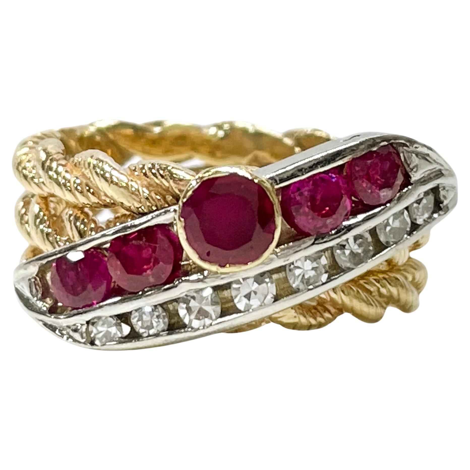 Ruby Diamond Triple Rope Band Ring For Sale