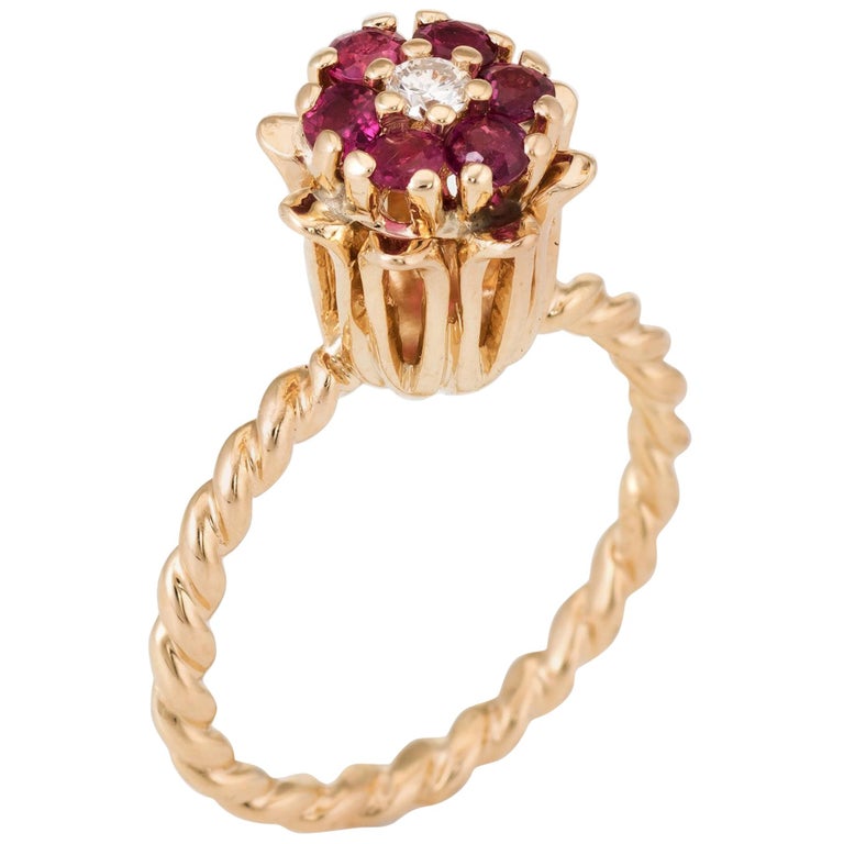 Ruby Diamond Tulip Stacking Ring Vintage 14 Karat Gold Estate Fine