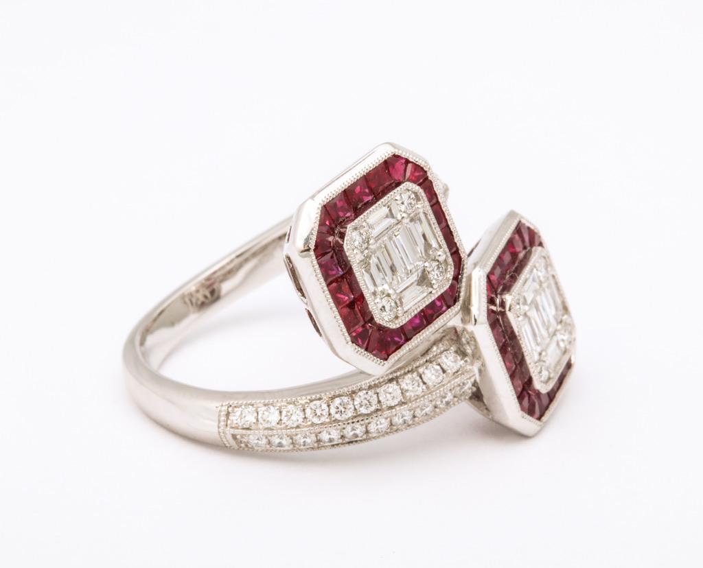 Women's or Men's Ruby Diamond Twin Crossover Ring