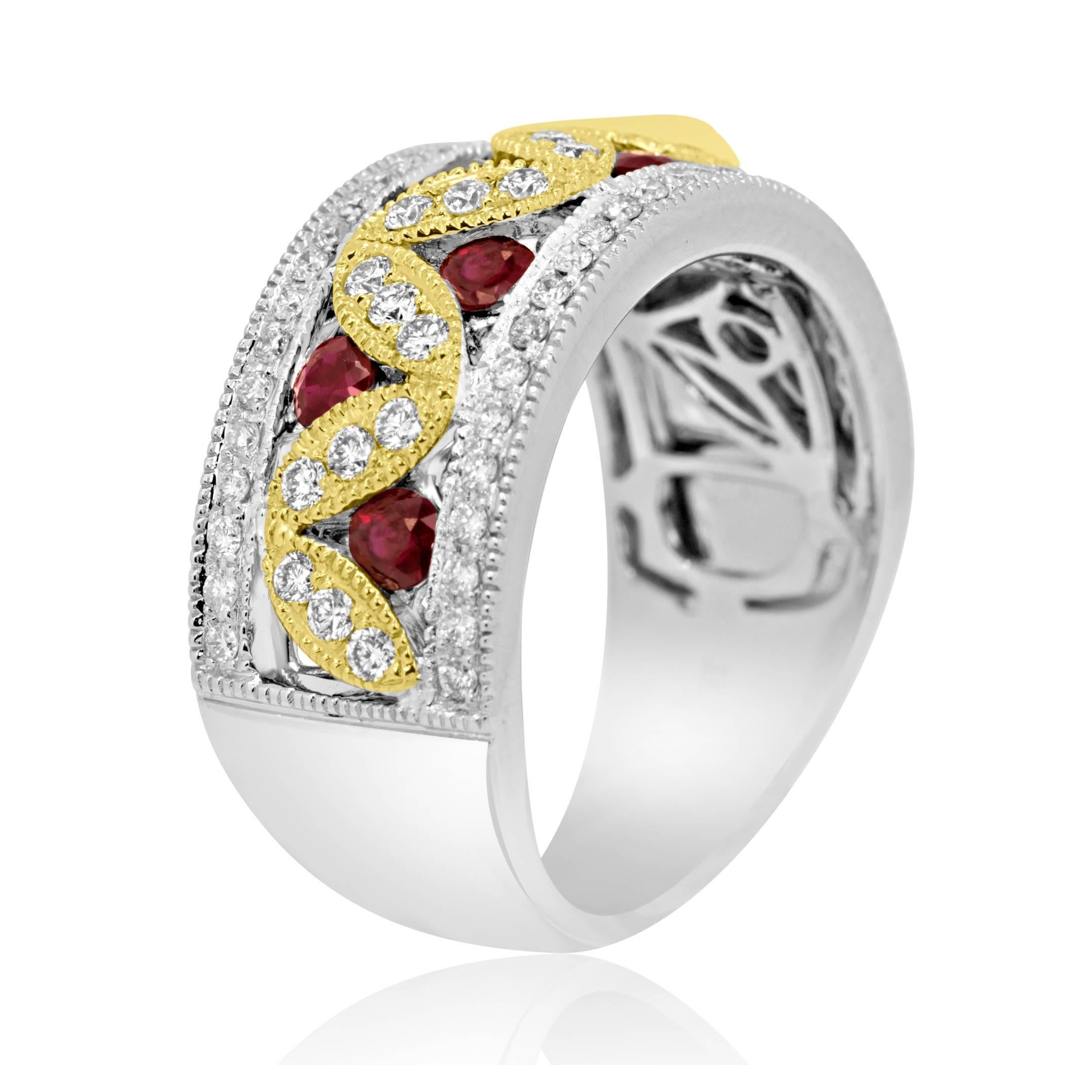 7 Ruby Round 0.66 Carat White diamond Round 0.60 Carat In 14K Yellow and White Gold Fashion Cocktail Band Ring. 
Total Weight 1.26 Carat