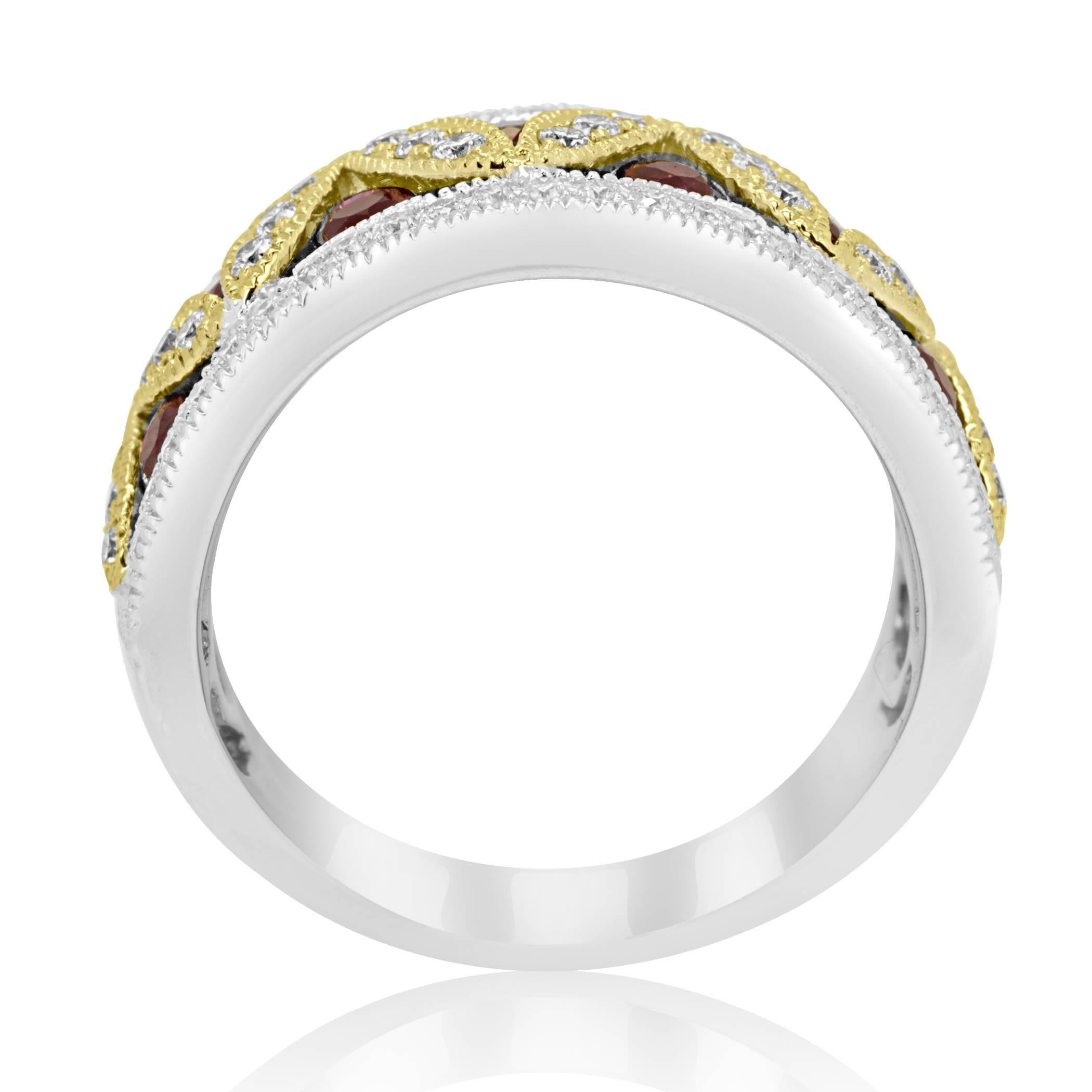 Round Cut Ruby Diamond Two-Color Gold Band Fashion Cocktail Ring