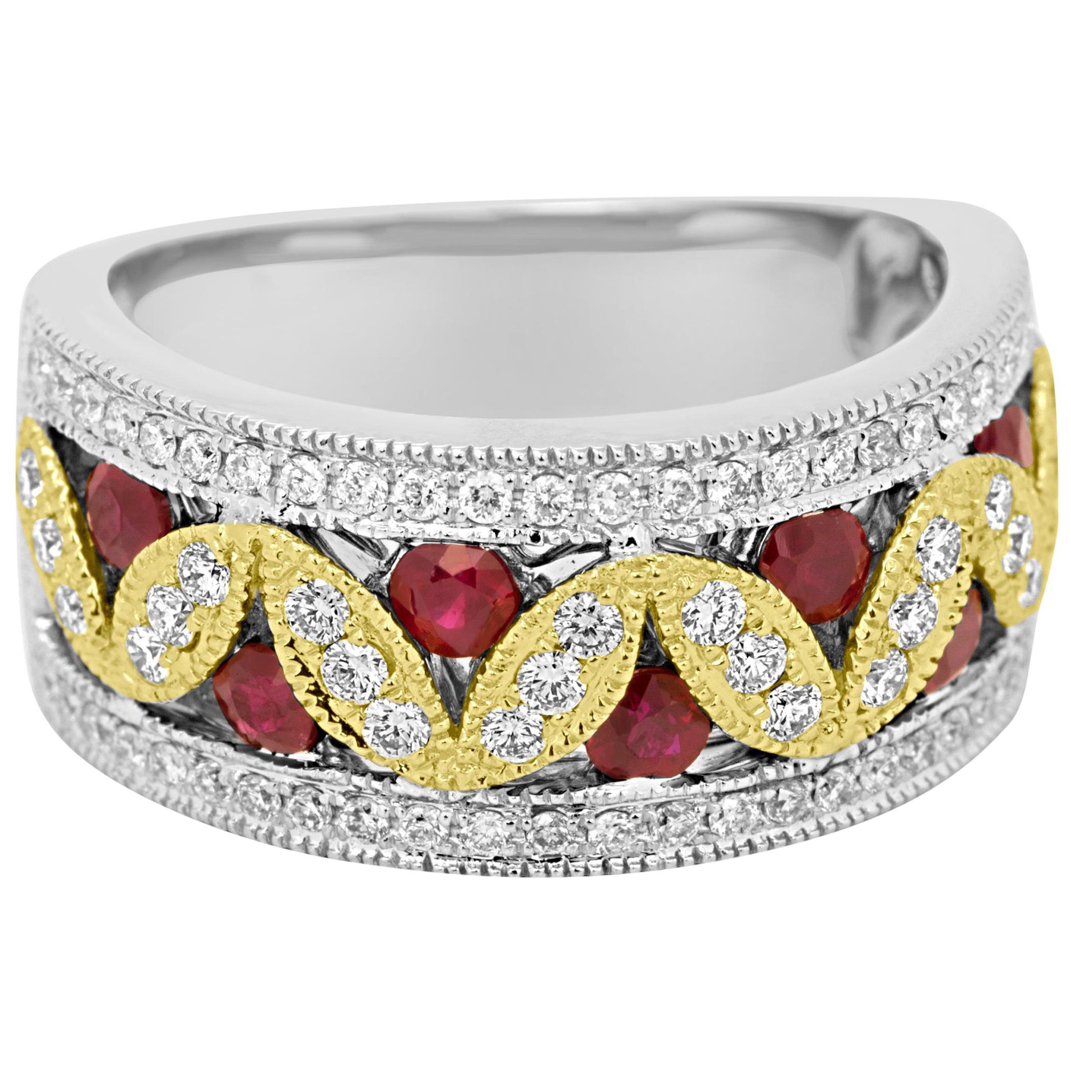 Ruby Diamond Two-Color Gold Band Fashion Cocktail Ring
