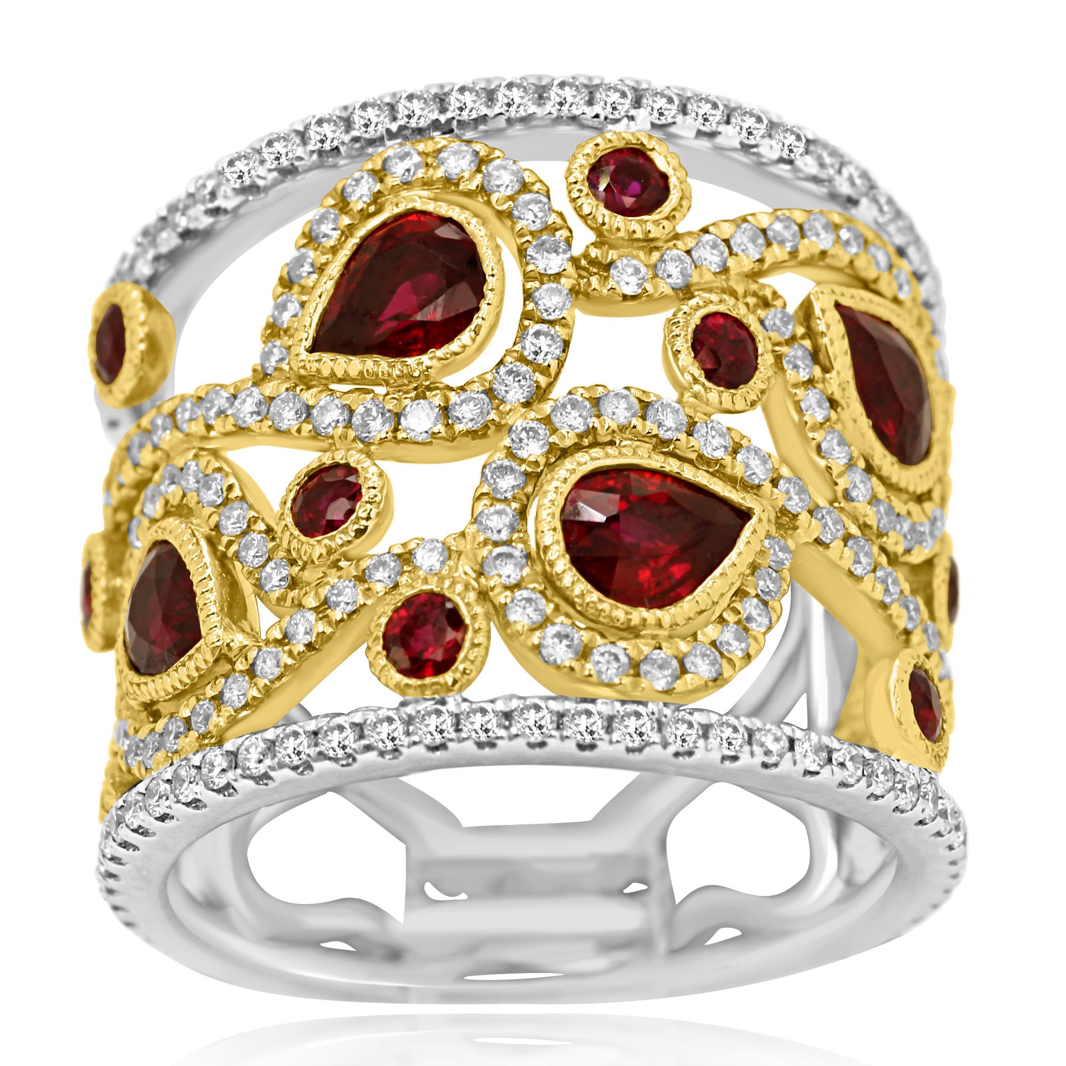 4 Ruby Pear Shape 1.43 Carat 10 Ruby Round 0.63 Carat set along side Colorless Round Brilliant VS-SI Clarity Diamonds 1.03 Carat in 14K White and Yellow Gold in Stunning Fashion Cocktail Band Ring.

Total Ruby Weight 2.06 Carat
Total Diamond Weight