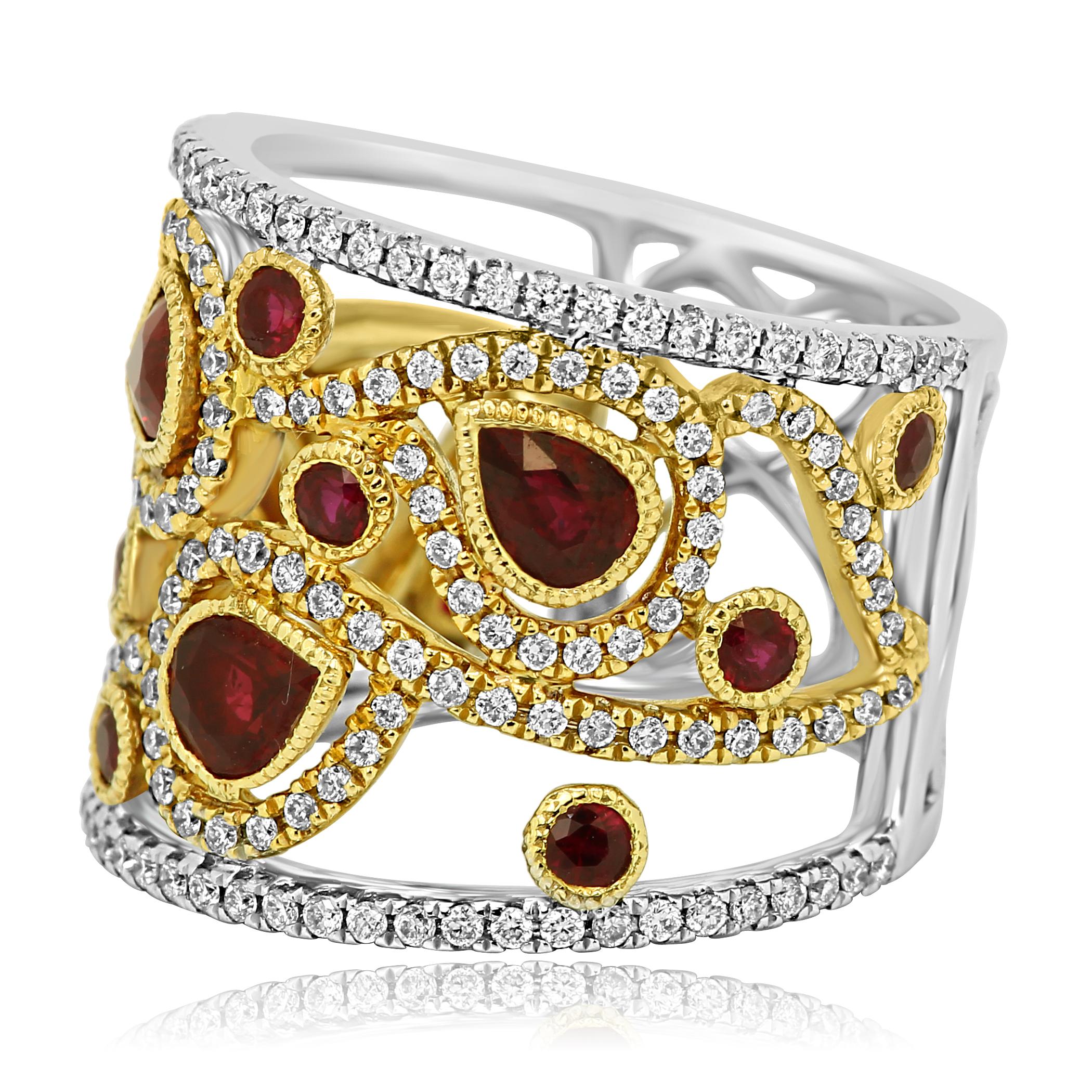 Contemporary Ruby Diamond Two-Color Gold Fashion Cocktail Band Ring