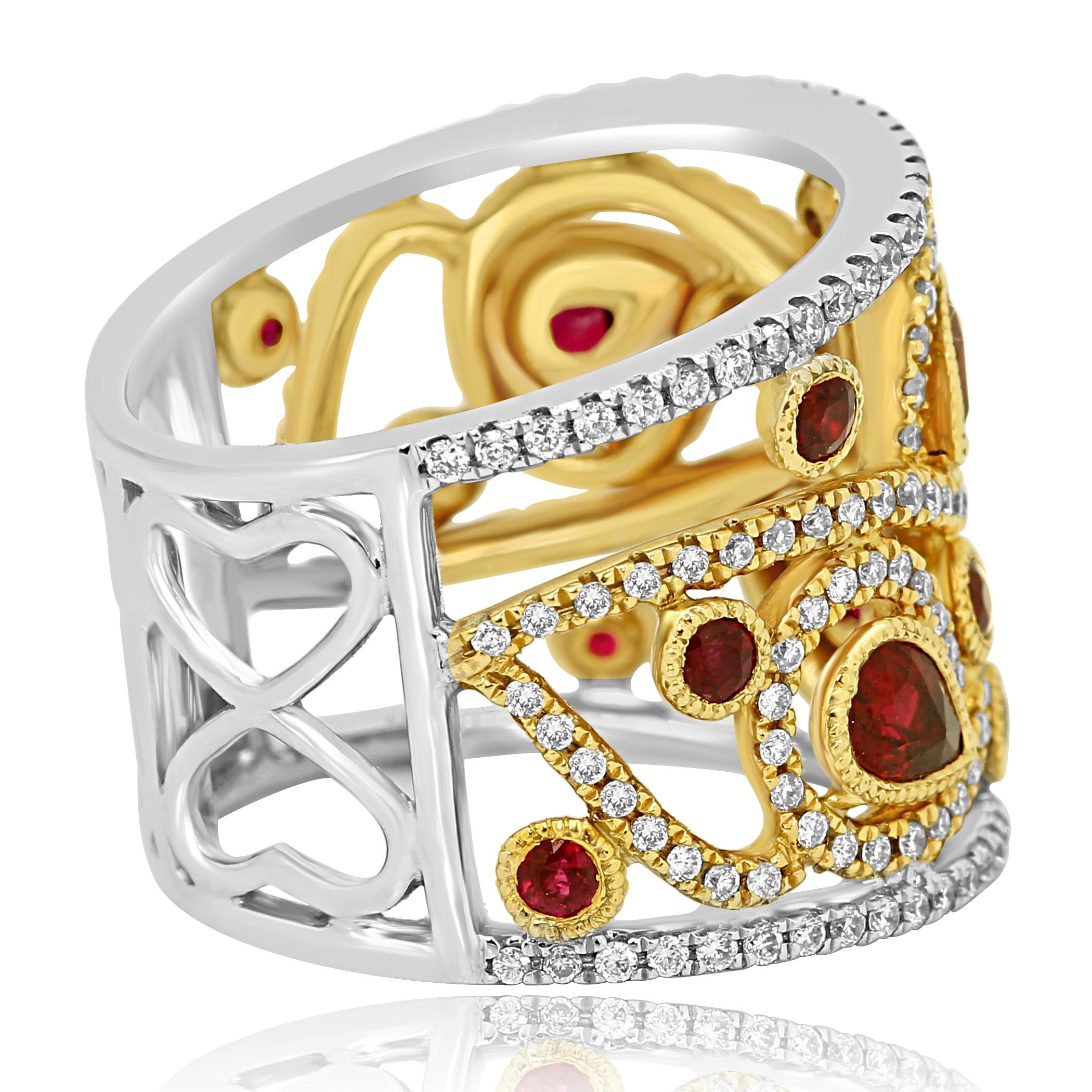 Pear Cut Ruby Diamond Two-Color Gold Fashion Cocktail Band Ring