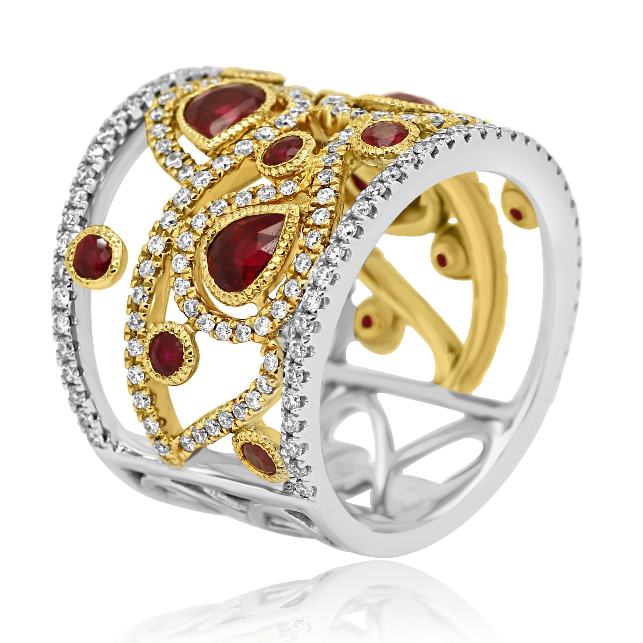 Ruby Diamond Two-Color Gold Fashion Cocktail Band Ring In New Condition In NEW YORK, NY