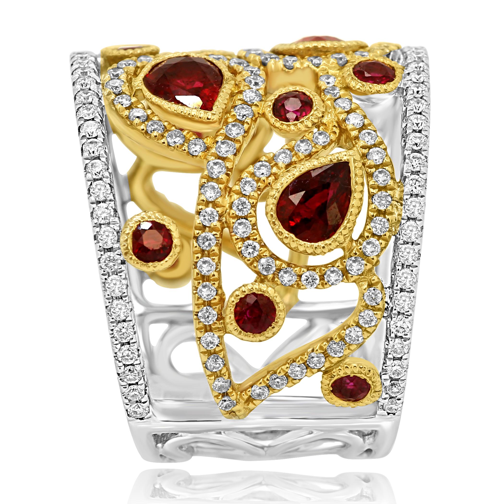 Women's or Men's Ruby Diamond Two-Color Gold Fashion Cocktail Band Ring