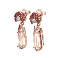 Ruby Diamond Two Color Tourmaline Gold Dangle Earrings