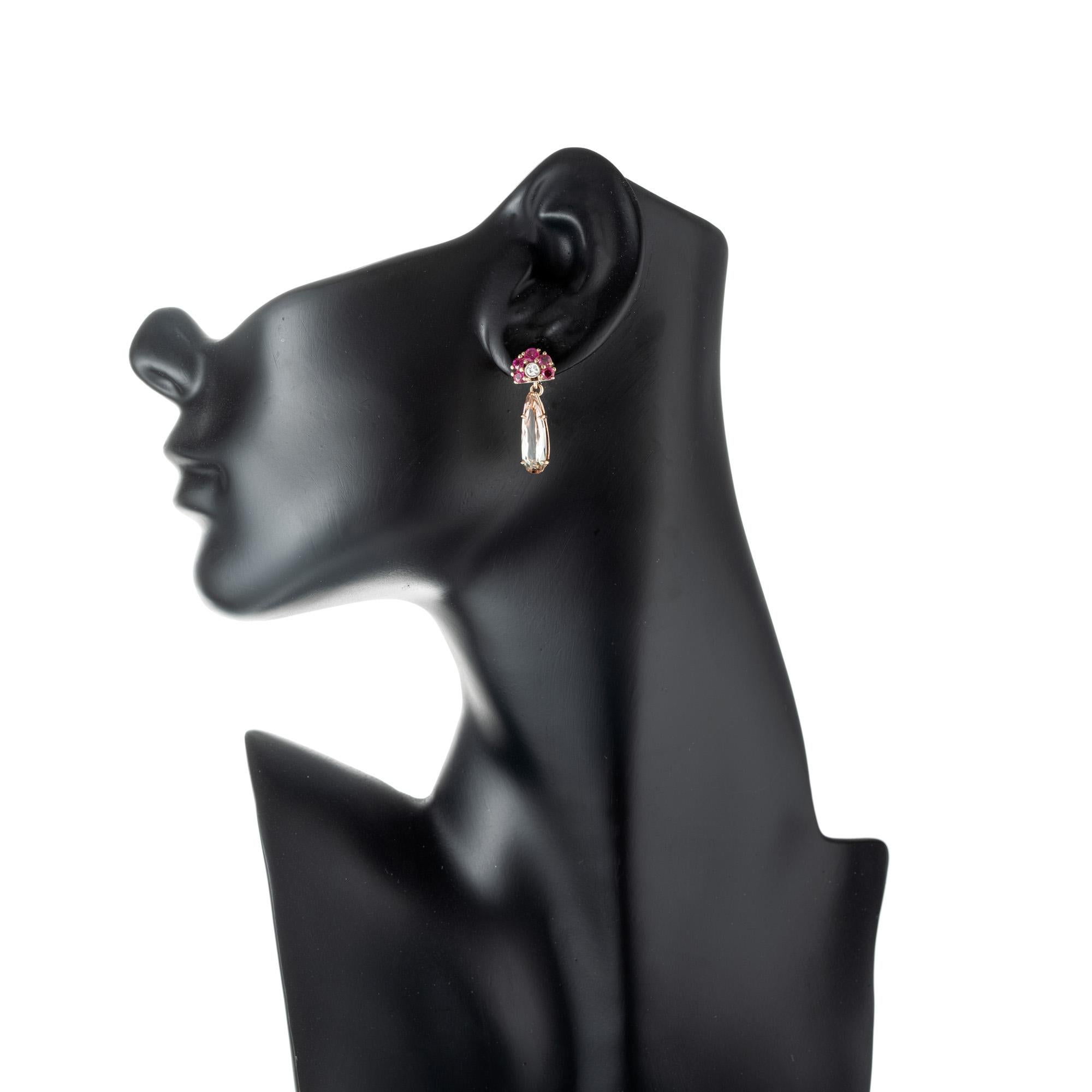 Women's Ruby Diamond Two Color Tourmaline Gold Dangle Earrings For Sale