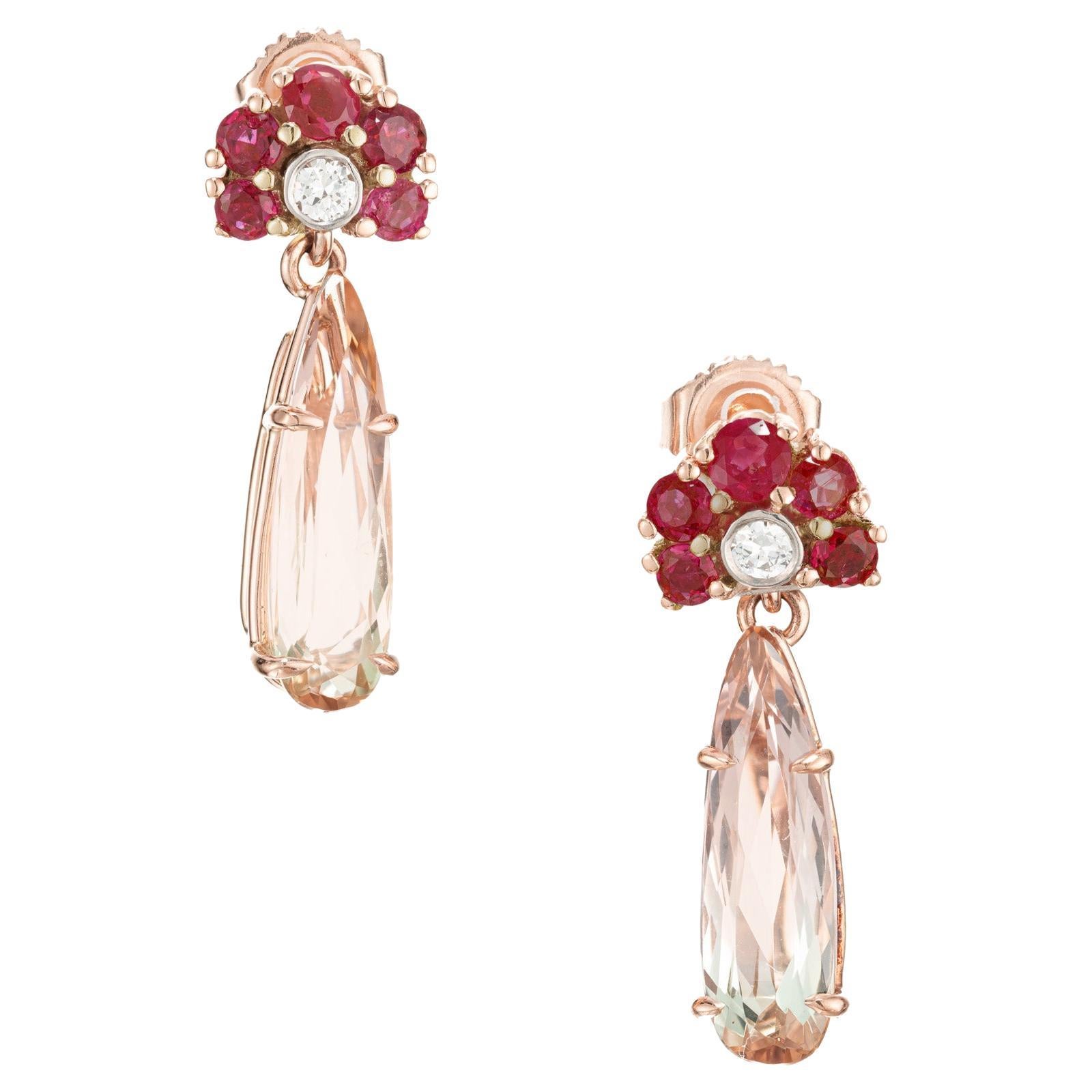 Ruby Diamond Two Color Tourmaline Gold Dangle Earrings For Sale