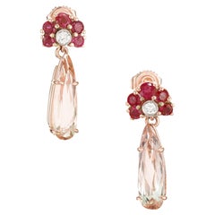 Ruby Diamond Two Color Tourmaline Gold Dangle Earrings