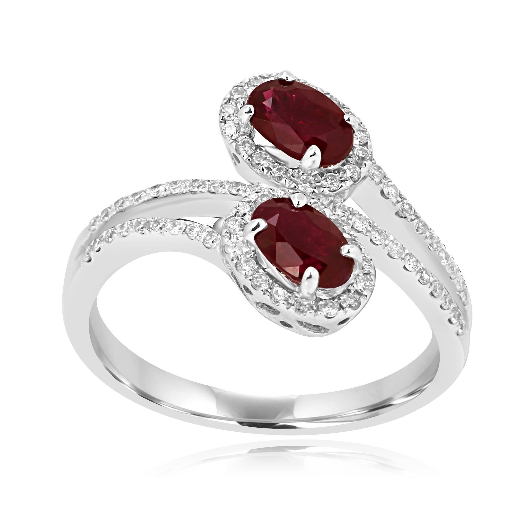 Stunning 2 Ruby Ovals 1.13 Carat encircled in a single Halo of White Near Colorless Diamond 0.27 Carat in 18K White Toi and Moi Fashion Cocktail Gold.

Style available in different price ranges. Prices are based on your selection of 4C's Cut, Color,