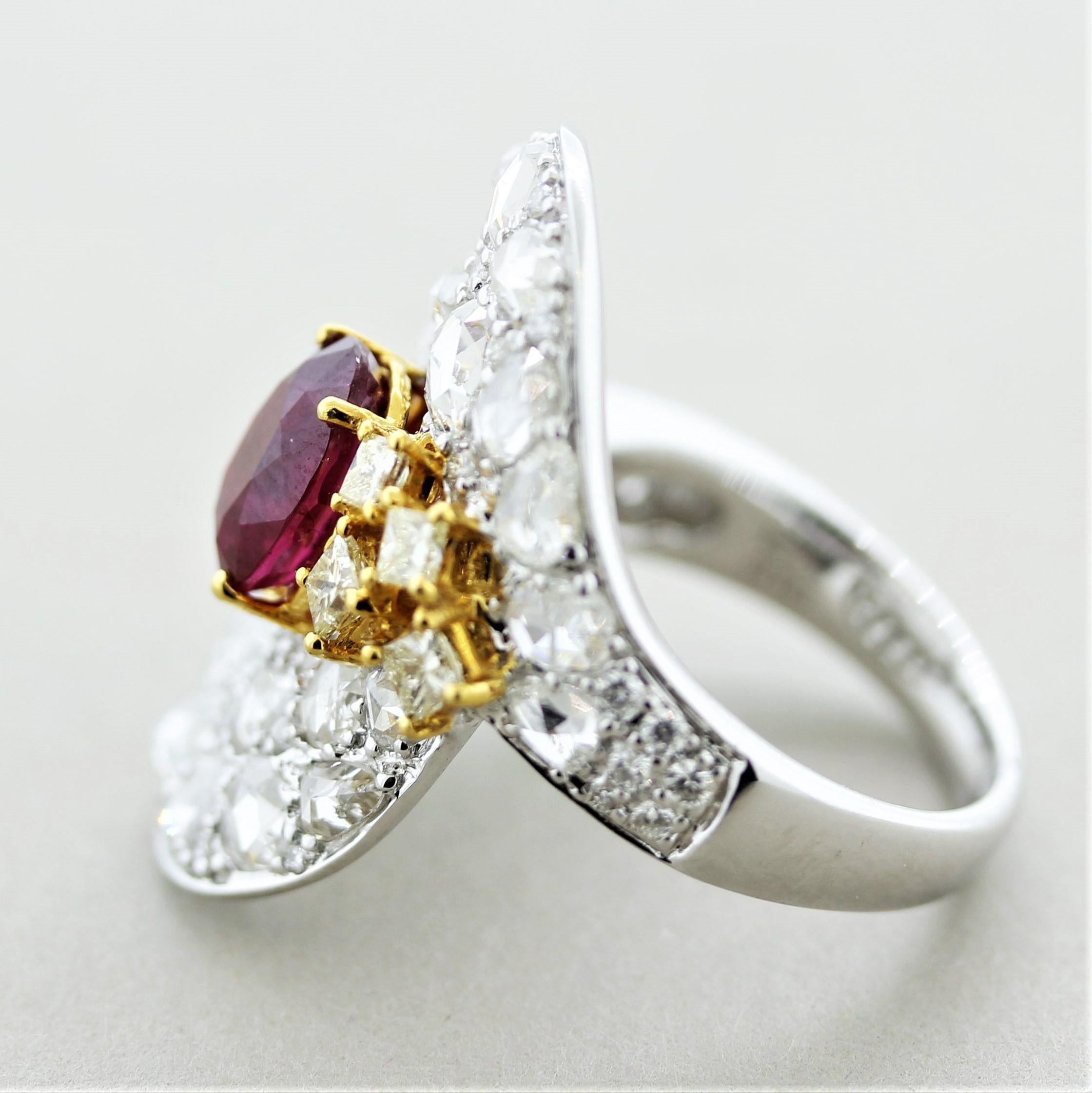 Mixed Cut Ruby Diamond Two-Tone Gold Cocktail Ring For Sale