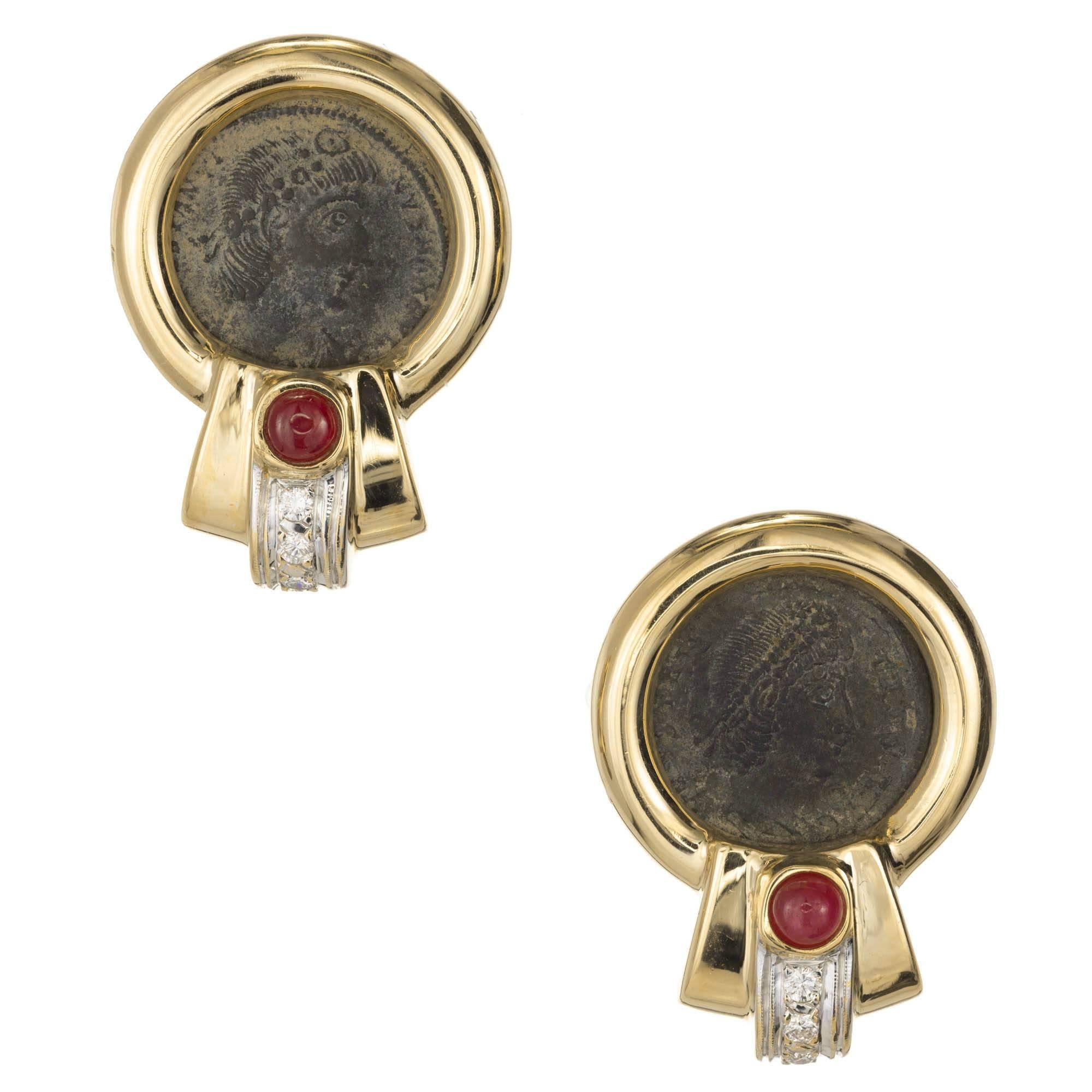 Ruby Diamond Two-Tone Gold Coin Clip Post Earrings