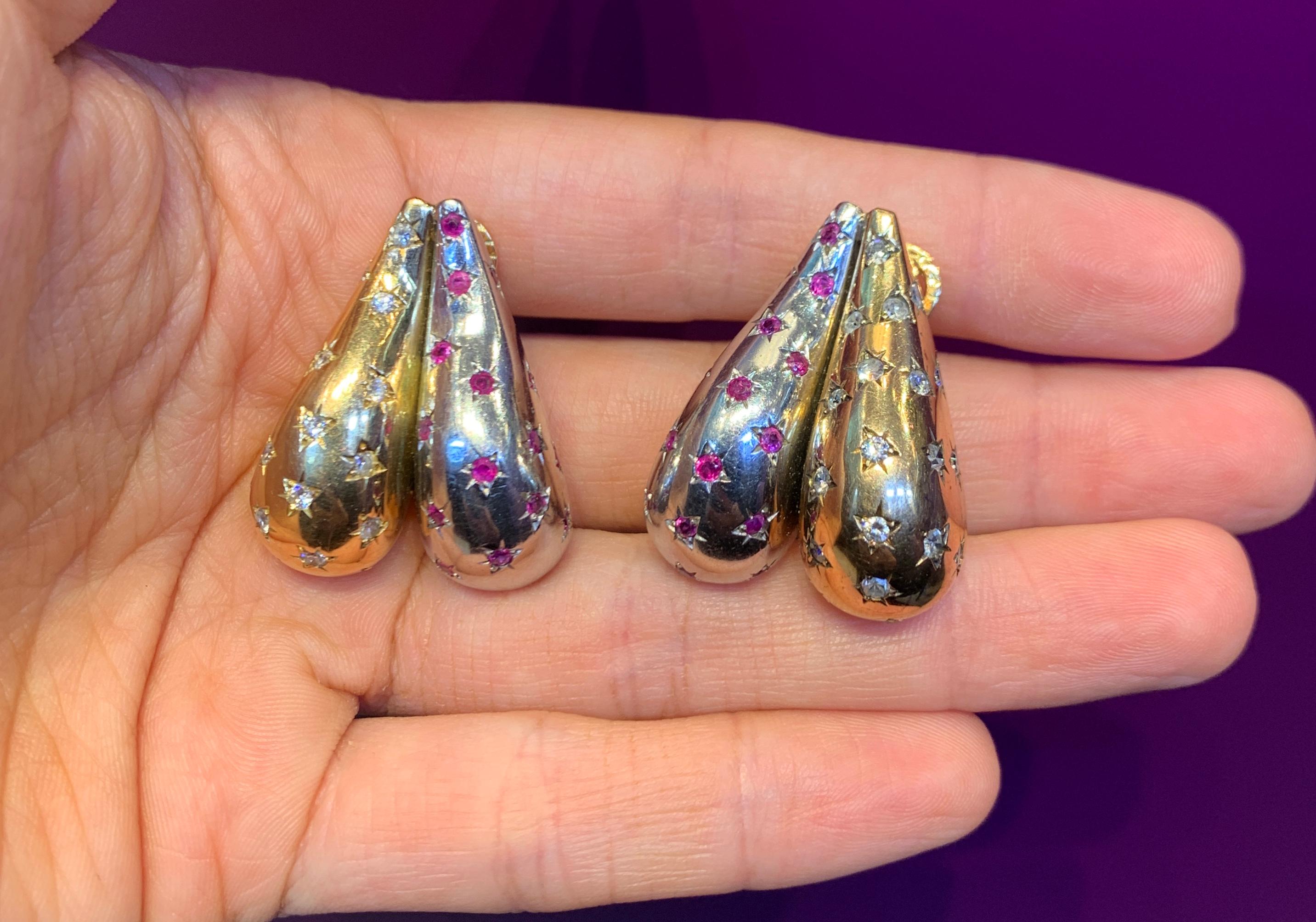 Ruby & Diamond Two Tone Retro Heart Earrings For Sale 1