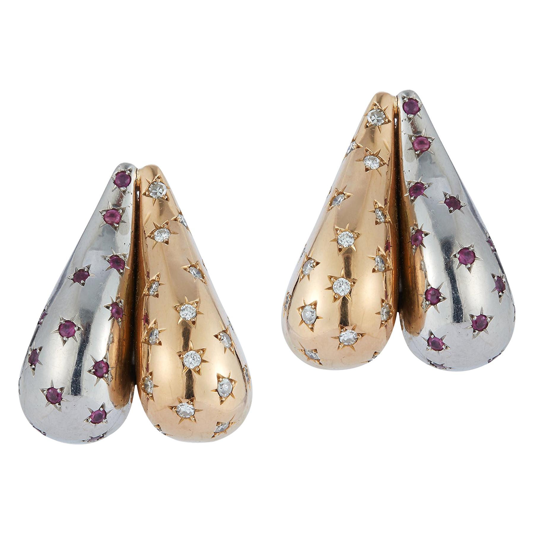 Ruby & Diamond Two Tone Retro Heart Earrings For Sale