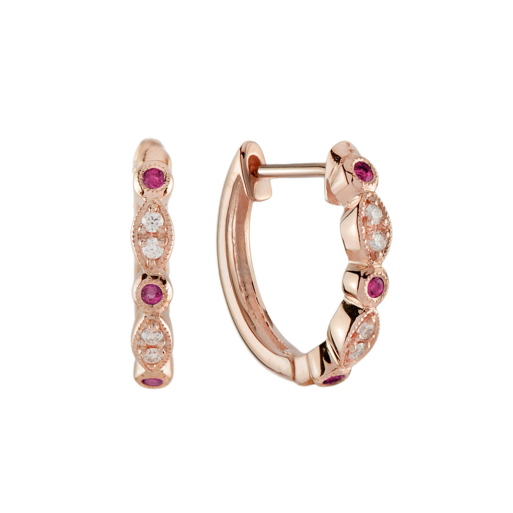 For Sale:  Ruby Diamond Vintage Style Band Ring and Huggies Earrings Lover Set in 14K Rose 9