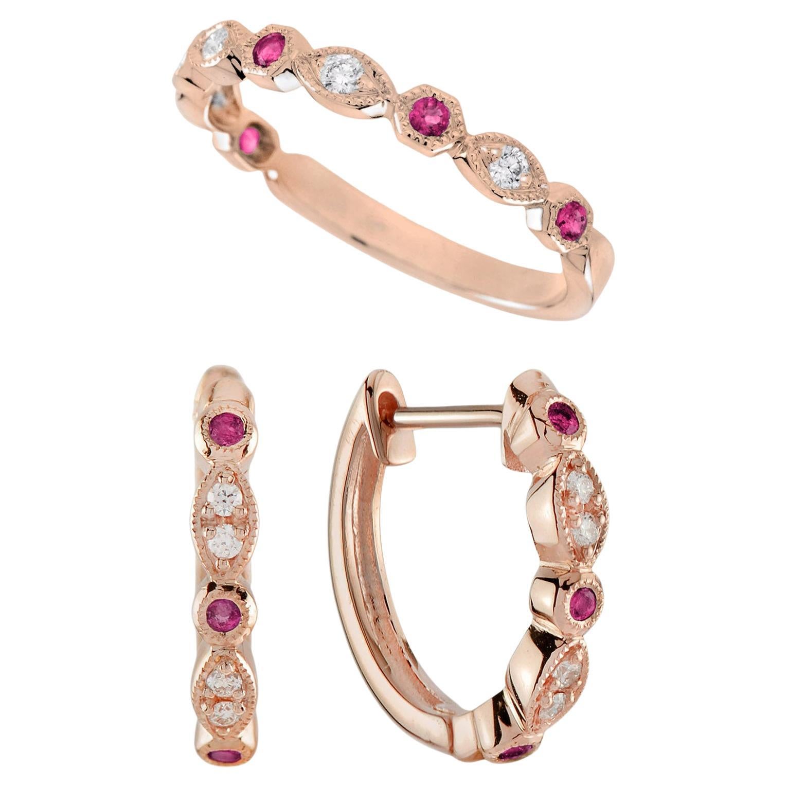 Ruby Diamond Vintage Style Band Ring Huggie Earrings Matching 14K Rose Gold Set
