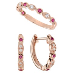 Ruby Diamond Vintage Style Band Ring Huggie Earrings Matching 14K Rose Gold Set