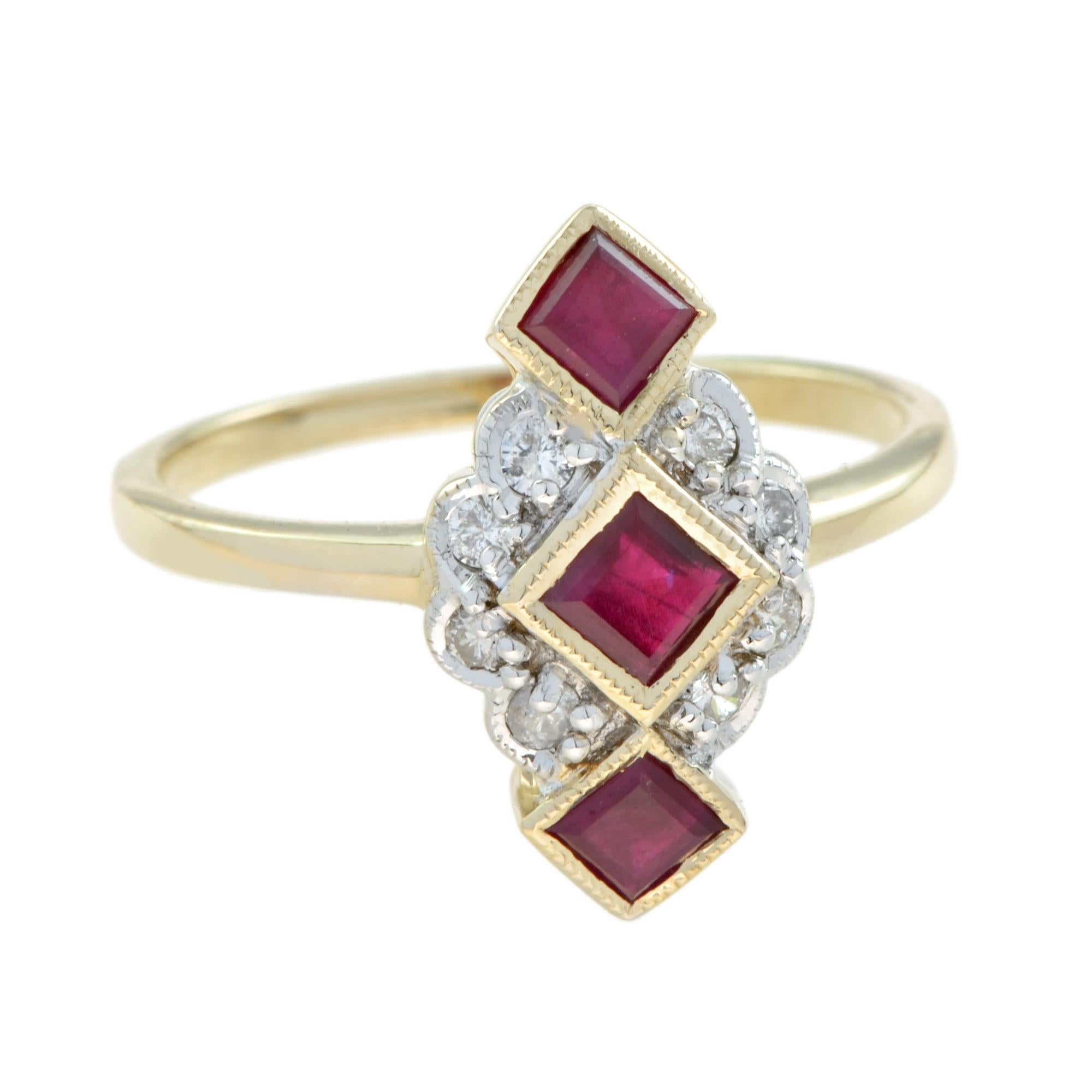 A vintage inspired Ruby and Diamond Three Stone Ring. This yellow gold ring is set vertically to the center with three square shaped rubies in bezel set surrounded by eight diamond halo at its center. 

Ring Information
Style: Art-deco
Metal: 9K