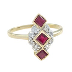 Ruby Diamond Vintage Style Vertical Three Stone Ring in 9K Yellow Gold