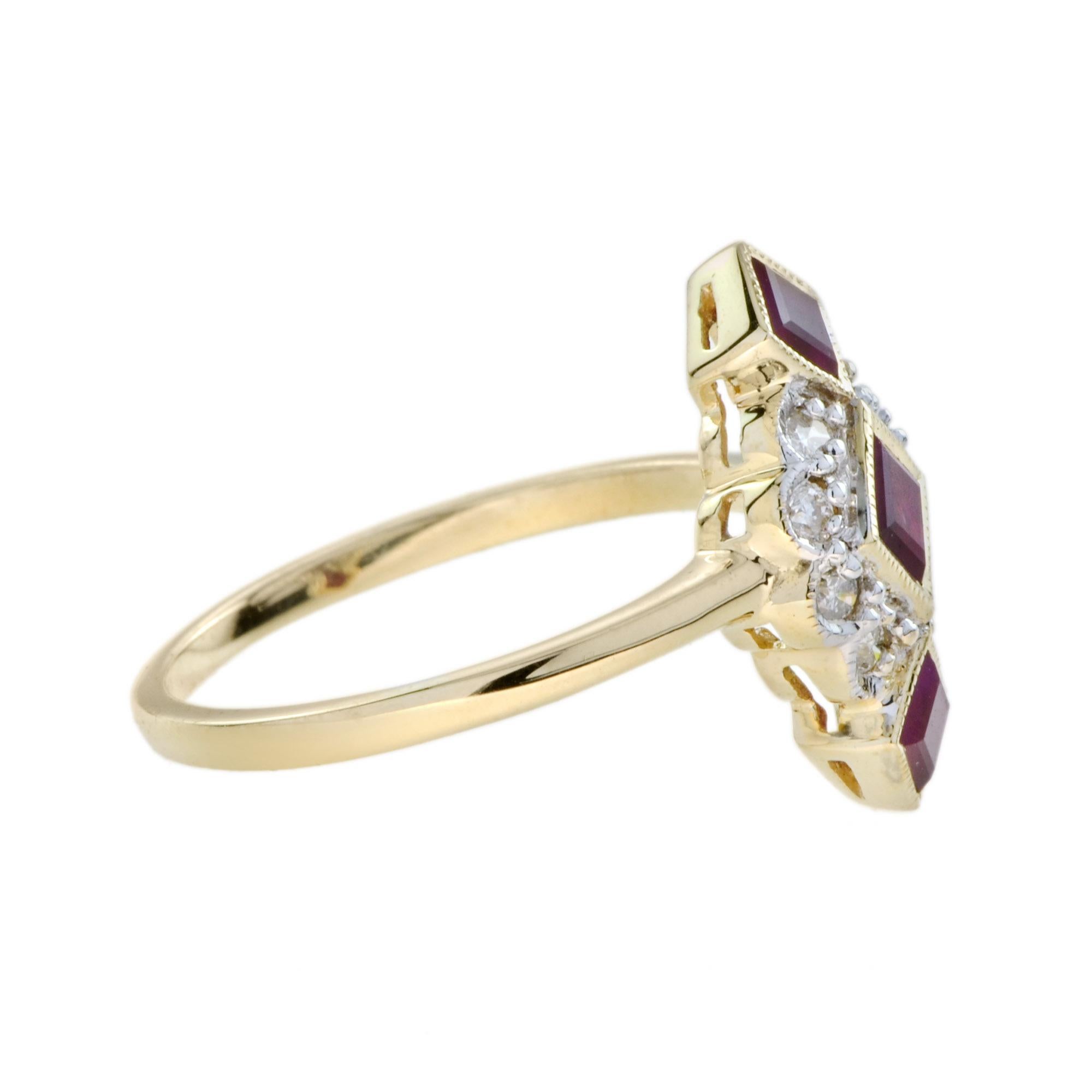 Art Deco Ruby Diamond Vintage Style Vertical Three Stone Ring in 9K Yellow Gold