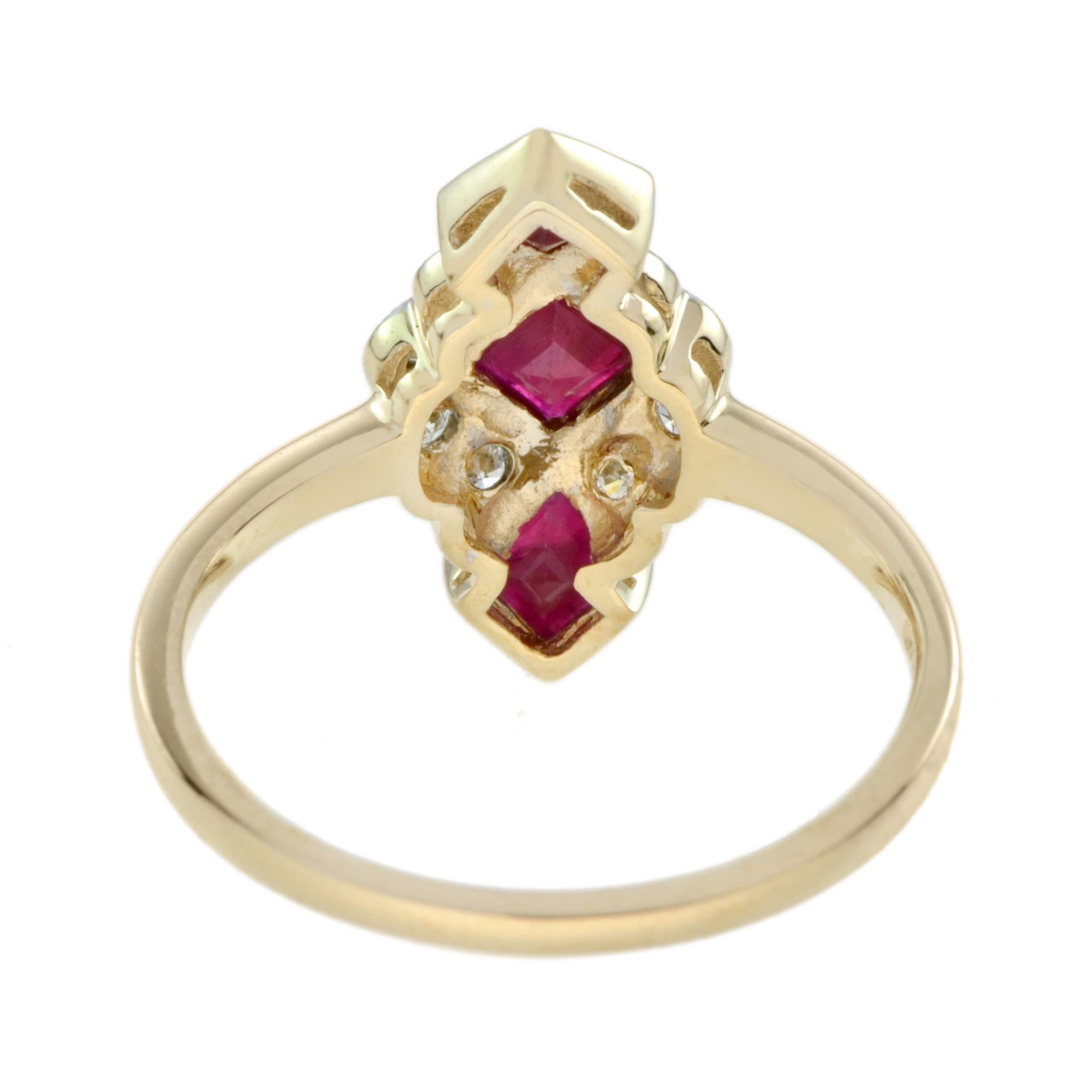 Square Cut Ruby Diamond Vintage Style Vertical Three Stone Ring in 9K Yellow Gold