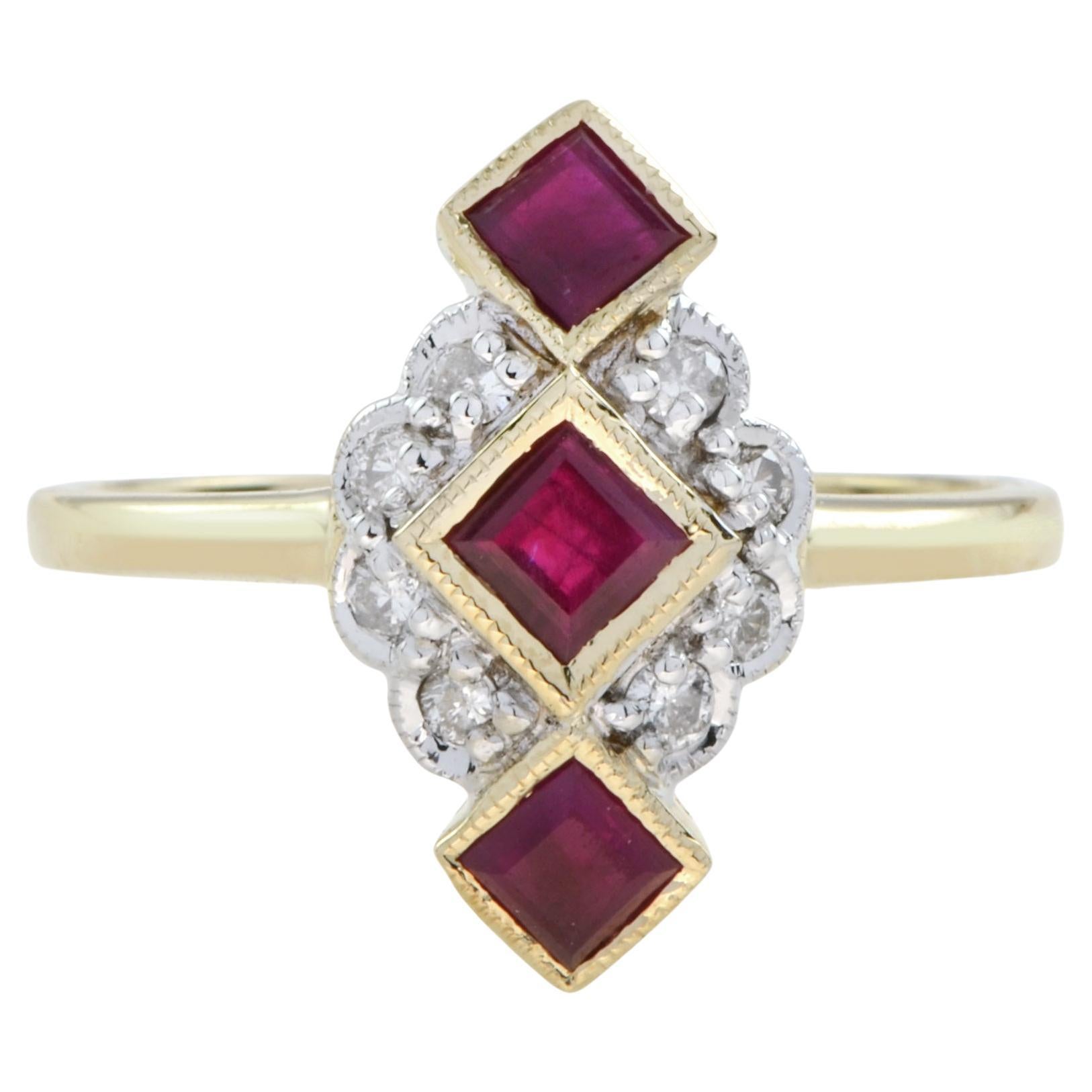 Ruby Diamond Vintage Style Vertical Three Stone Ring in 9K Yellow Gold