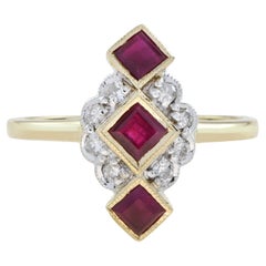 Ruby Diamond Vintage Style Vertical Three Stone Ring in 9K Yellow Gold