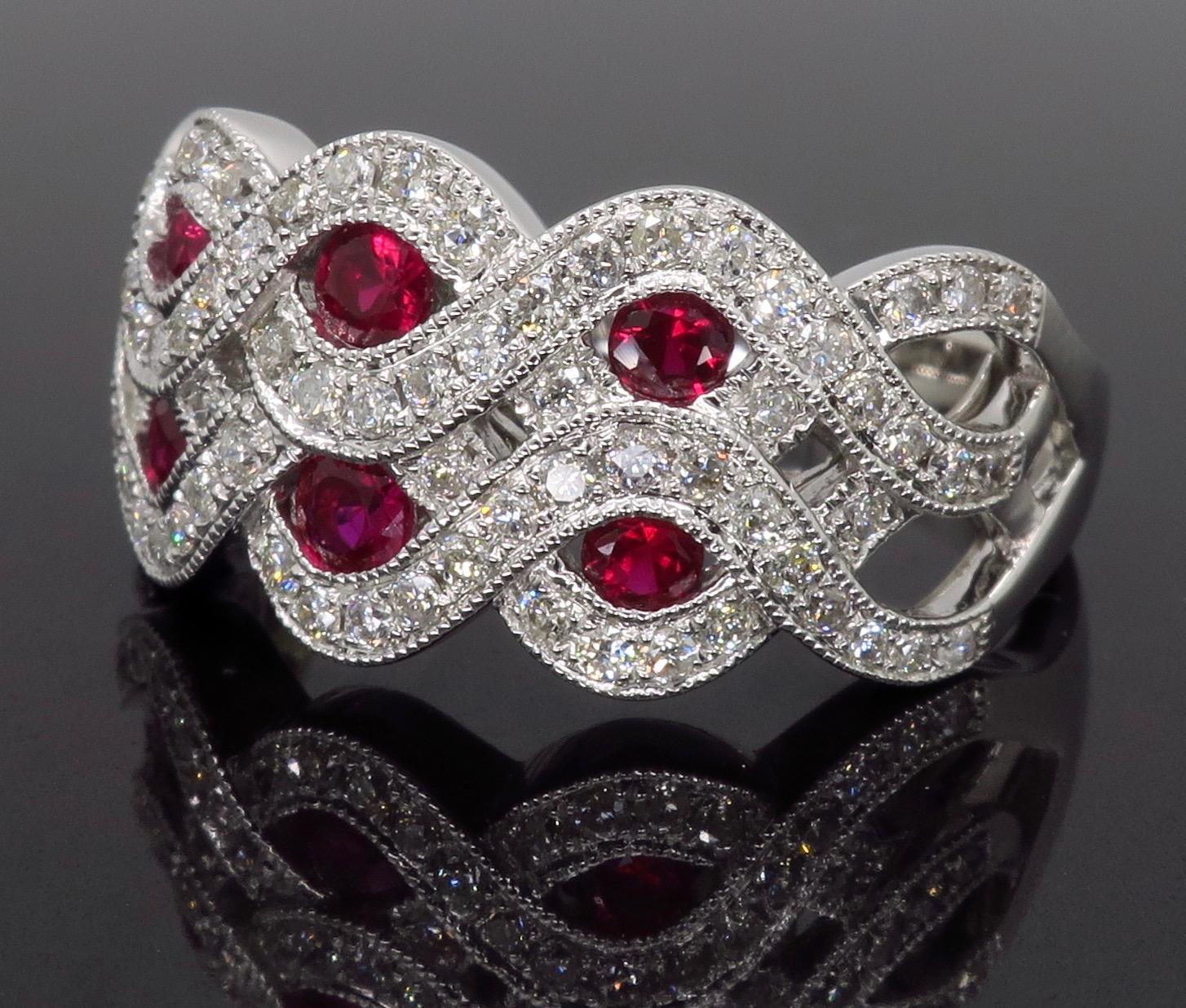 Ruby and Diamond Wave Ring In New Condition In Webster, NY