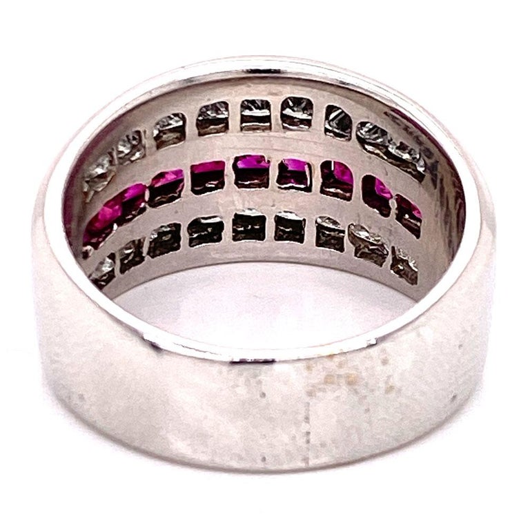 Ruby Diamond Wedding Anniversary Wide Band Ring 18 Karat White Gold at