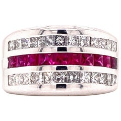 Ruby Diamond Wedding Anniversary Wide Band Ring 18 Karat White Gold