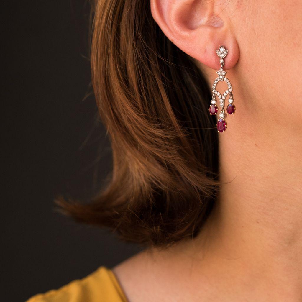Brilliant Cut Ruby Diamond 18 Karat White Gold Drop Earrings For Sale