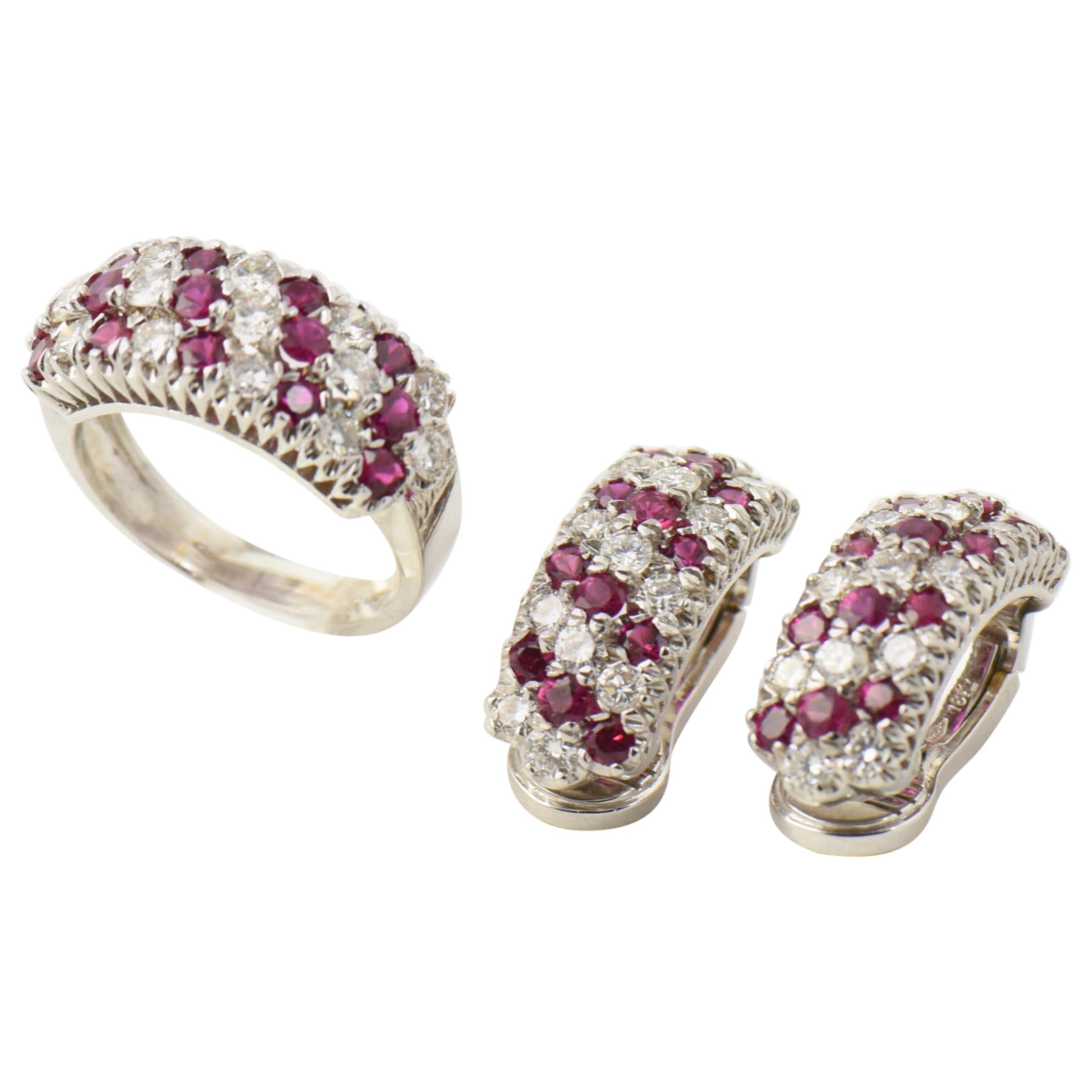 Ruby Diamond White Gold Huggie Clip-On Earrings and Ring Suite For Sale