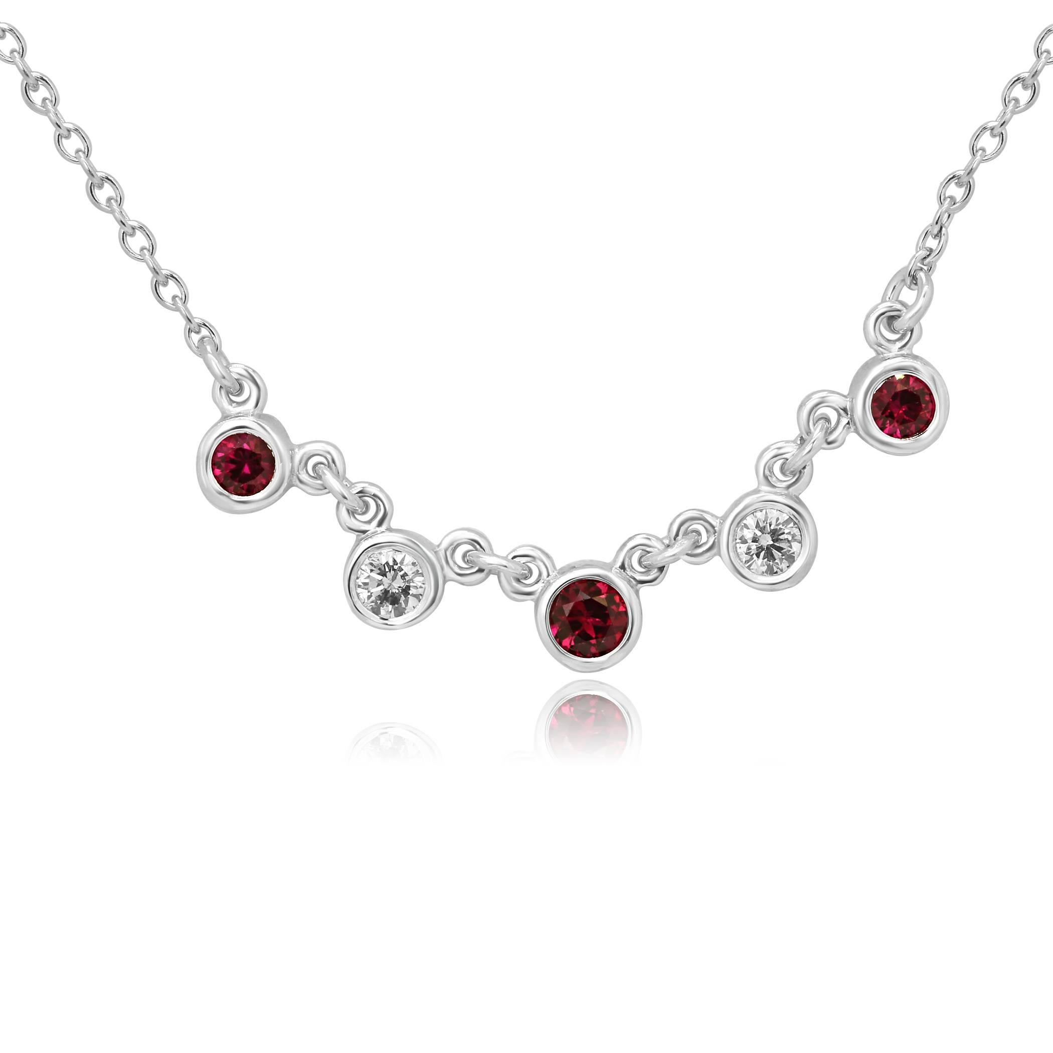 3 Ruby Rounds 0.40 Carat with 2 Diamond Rounds in between 0.18 Carat in 14K White Gold Stunning Necklace.

MADE IN USA
Total Stone Weight 0.58 Carat