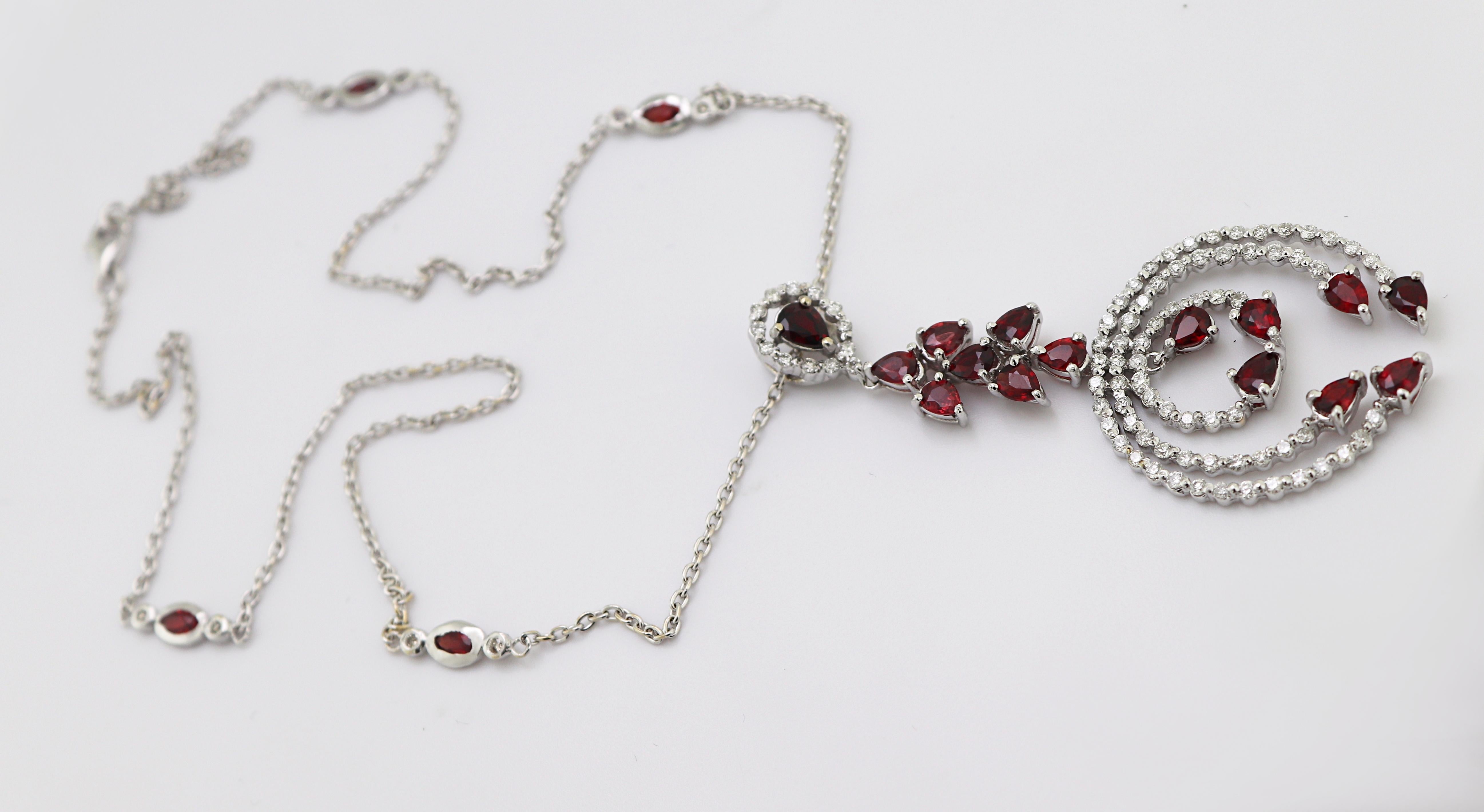 Mixed Cut Ruby, Diamond, White Gold Necklace For Sale