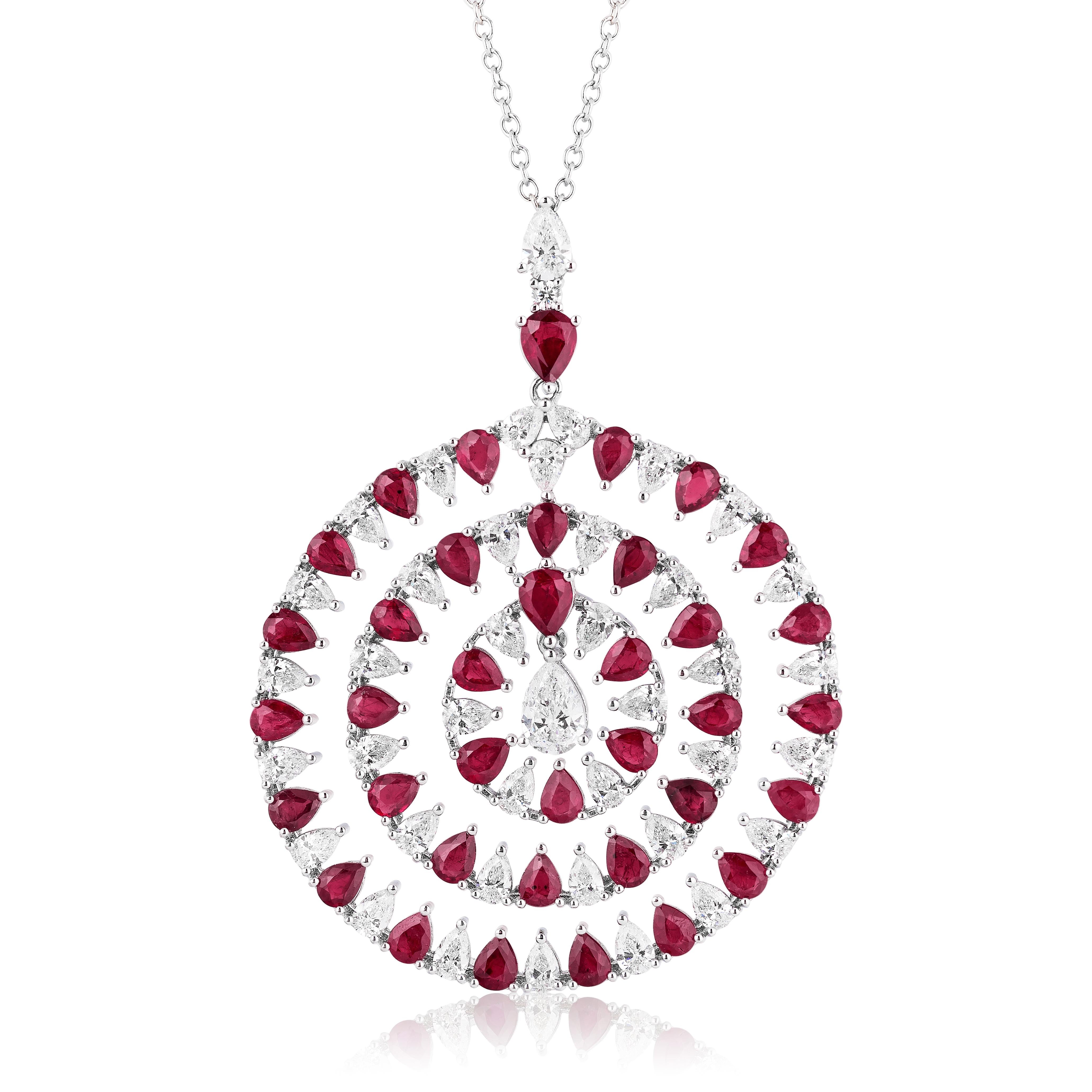 Designed for the modern woman who seeks impeccable style from day to night, elevate your ensemble with the radiant Ruby & Diamond White Gold Necklace.

Crafted from lustrous 18-karat white gold, this necklace features a stunning round pendant