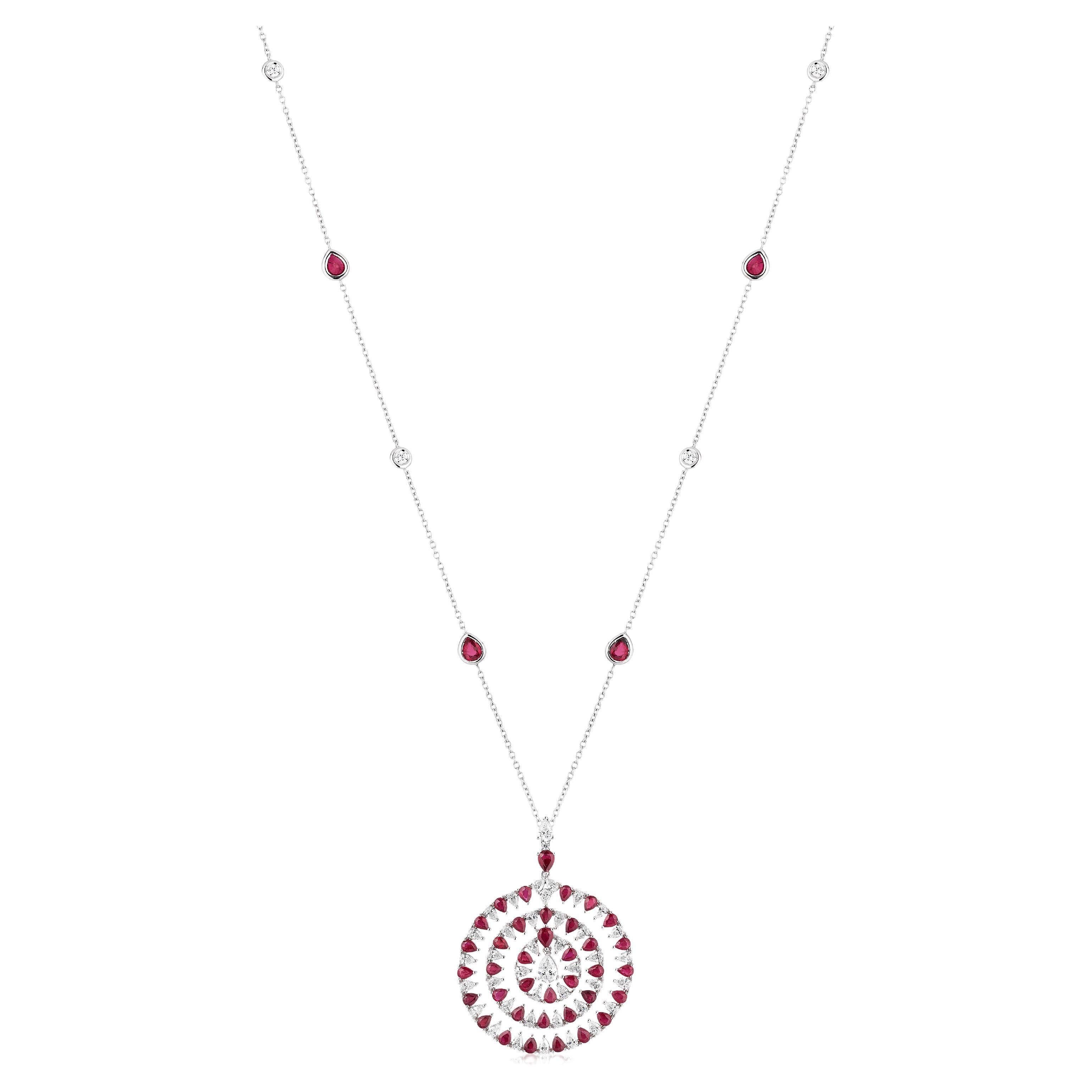 Ruby & Diamond White Gold Pendant Necklace For Sale