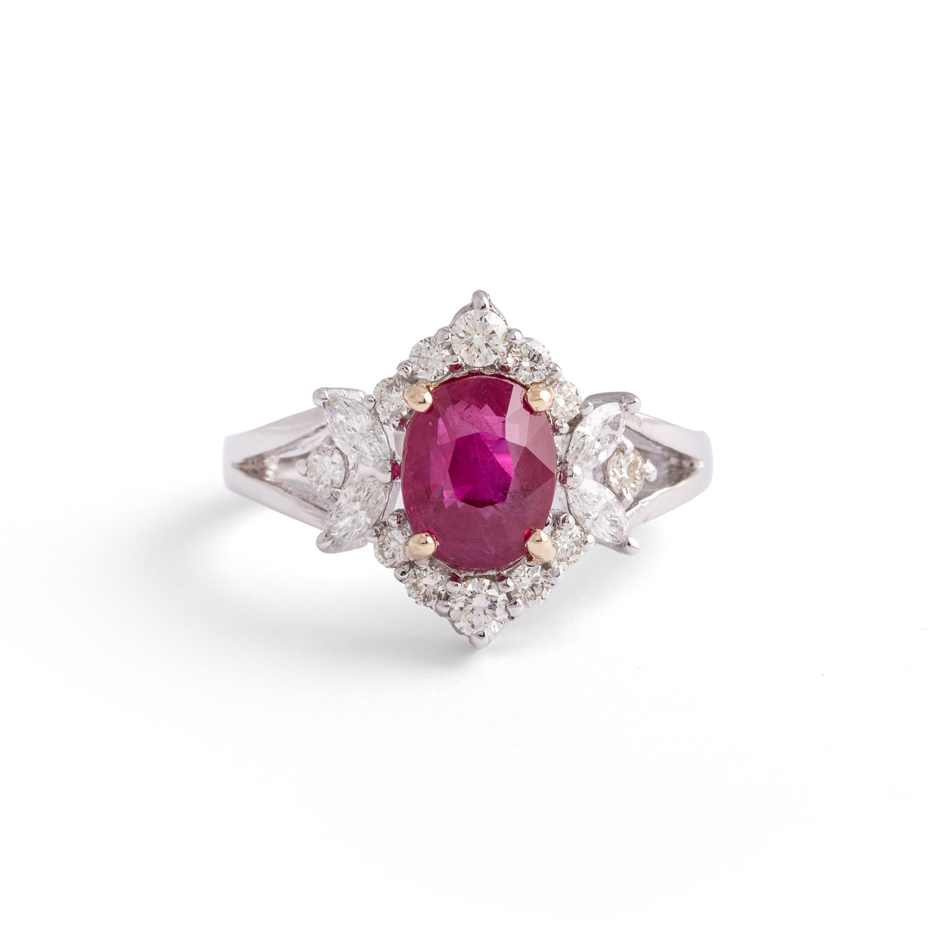 Oval Cut Ruby Diamond White Gold Ring For Sale