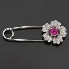 Ruby Diamond White Gold Safety Pin Flower Brooch