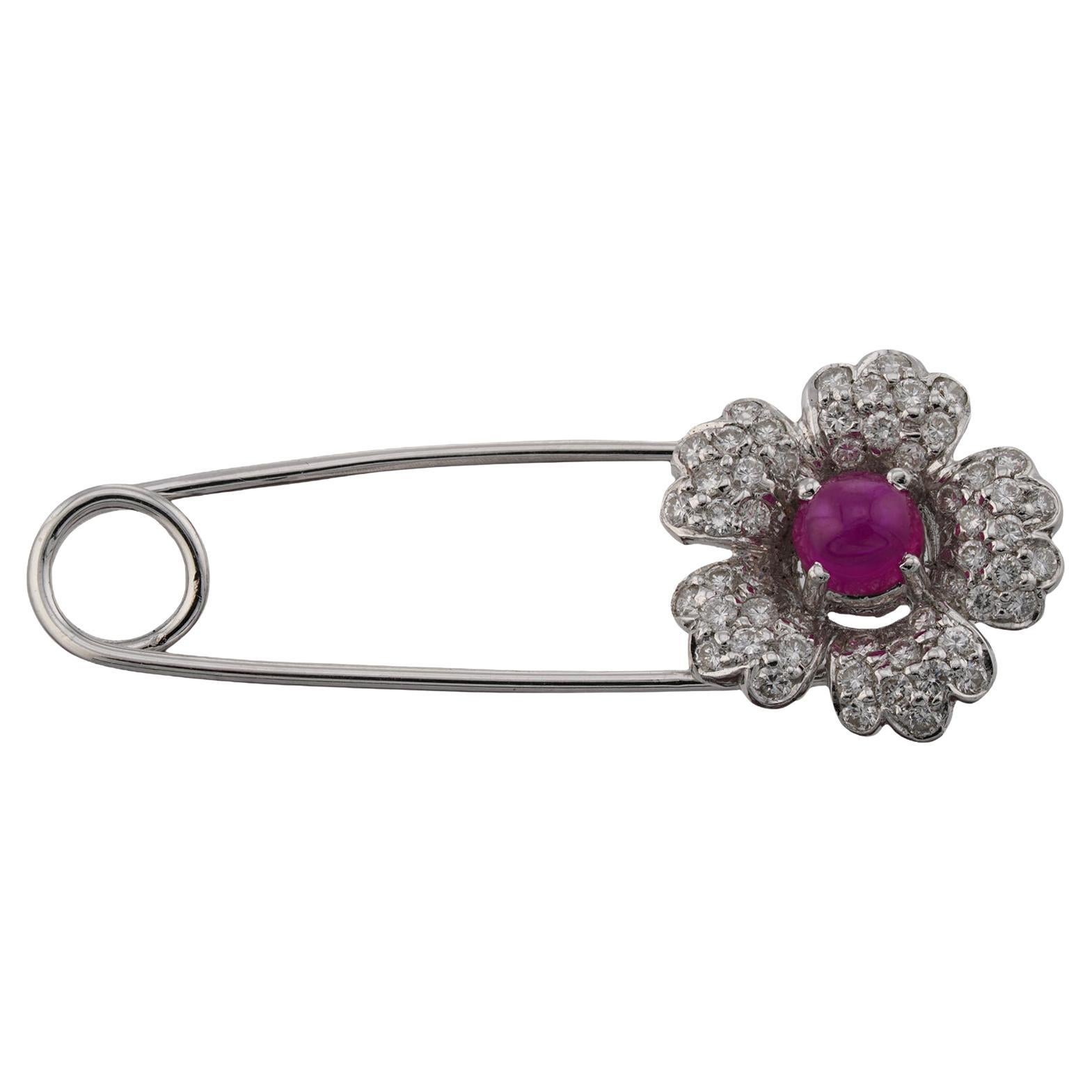 Ruby Diamond White Gold Safety Pin Flower Brooch