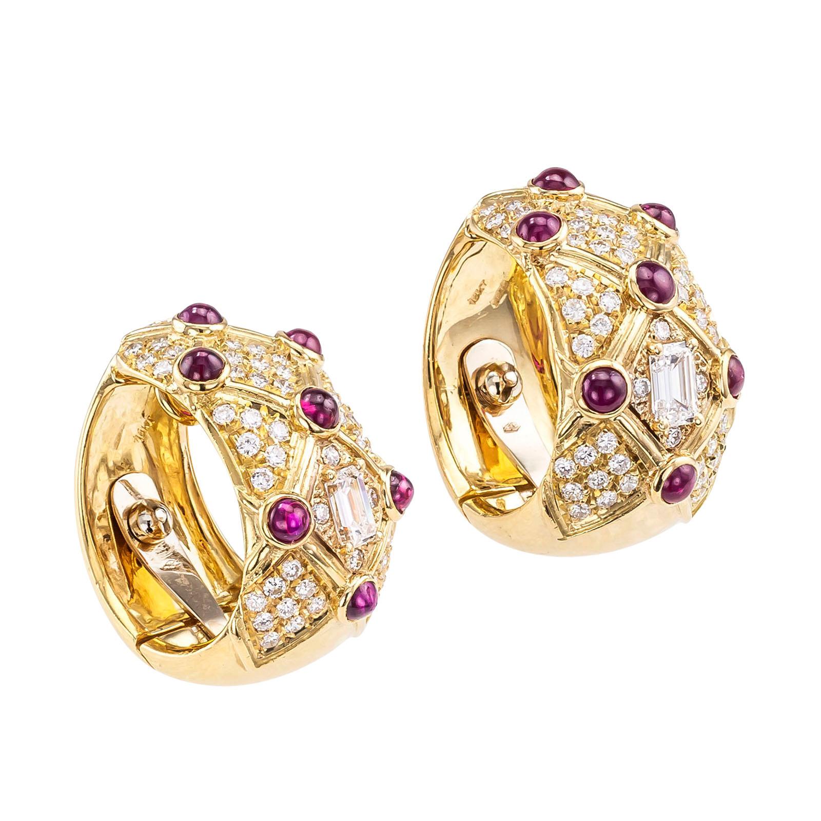 Modern Ruby Diamond Yellow Gold Clip-On Hoop Earrings