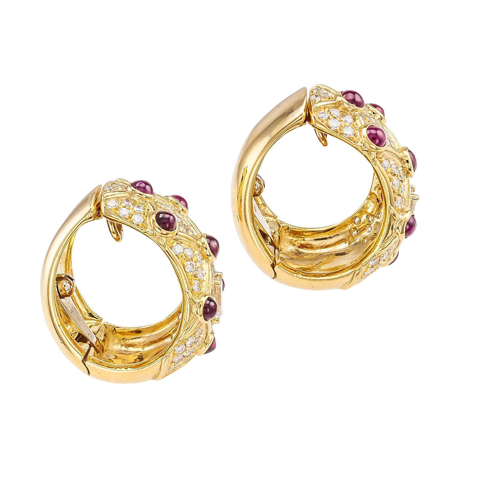 Ruby Diamond Yellow Gold Clip-On Hoop Earrings In Good Condition In Los Angeles, CA