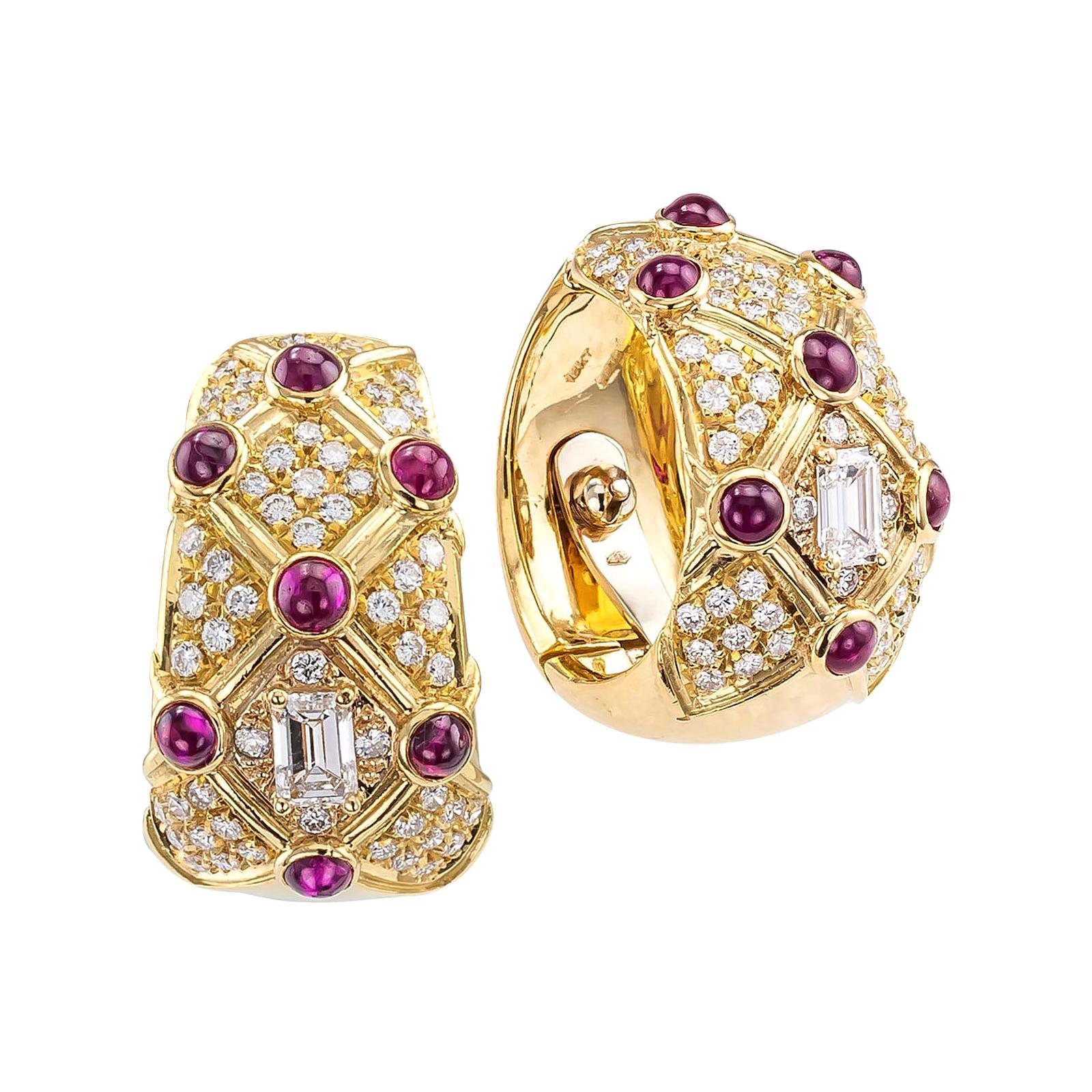 Ruby Diamond Yellow Gold Clip-On Hoop Earrings