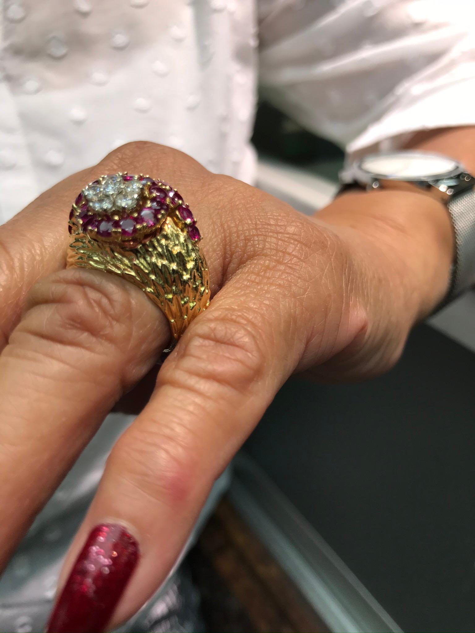 Women's Ruby Diamond Yellow Gold Cluster Ring For Sale