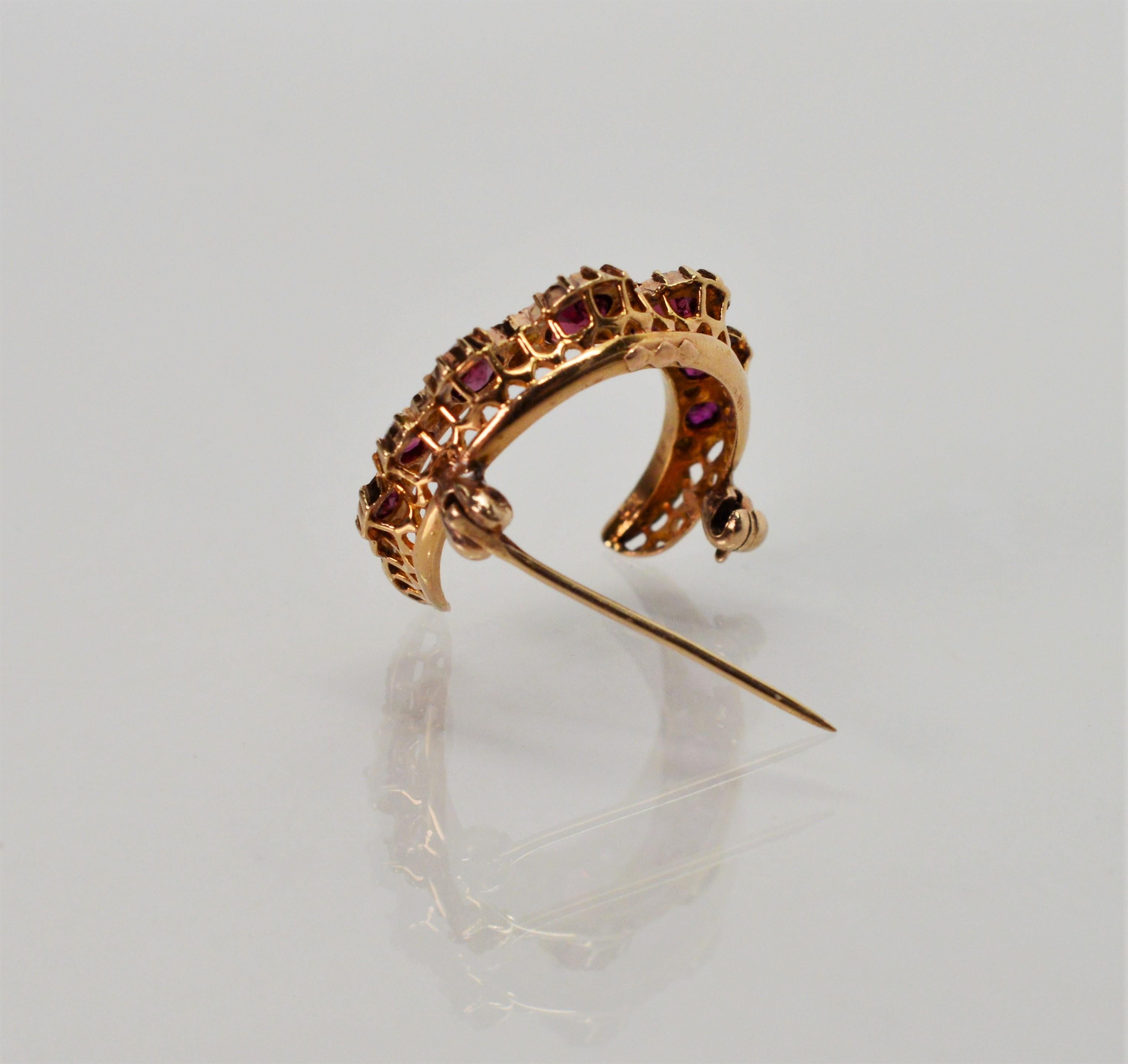 Women's Ruby Diamond Yellow Gold Crescent Pin Brooch