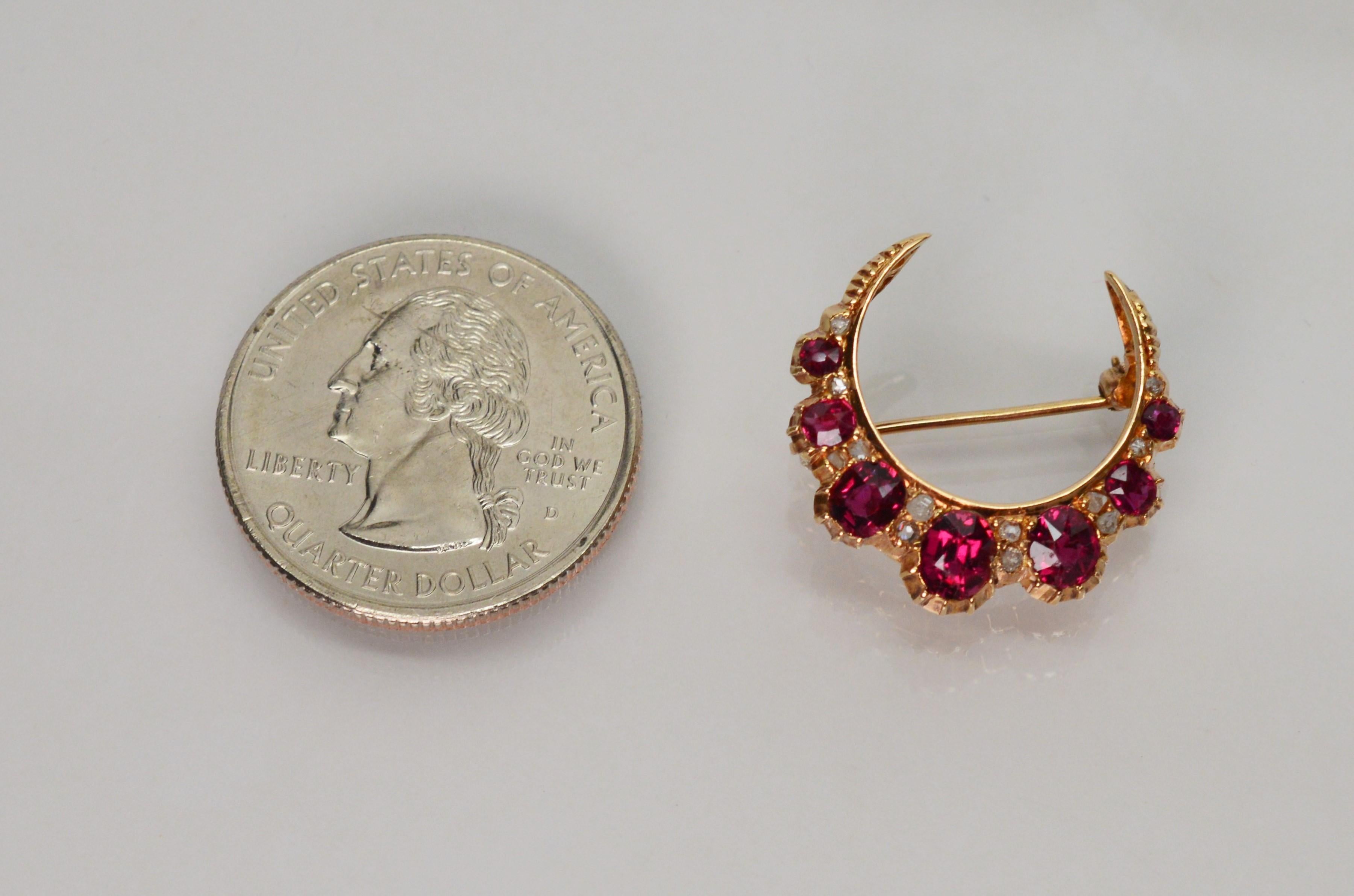 Ruby Diamond Yellow Gold Crescent Pin Brooch 1