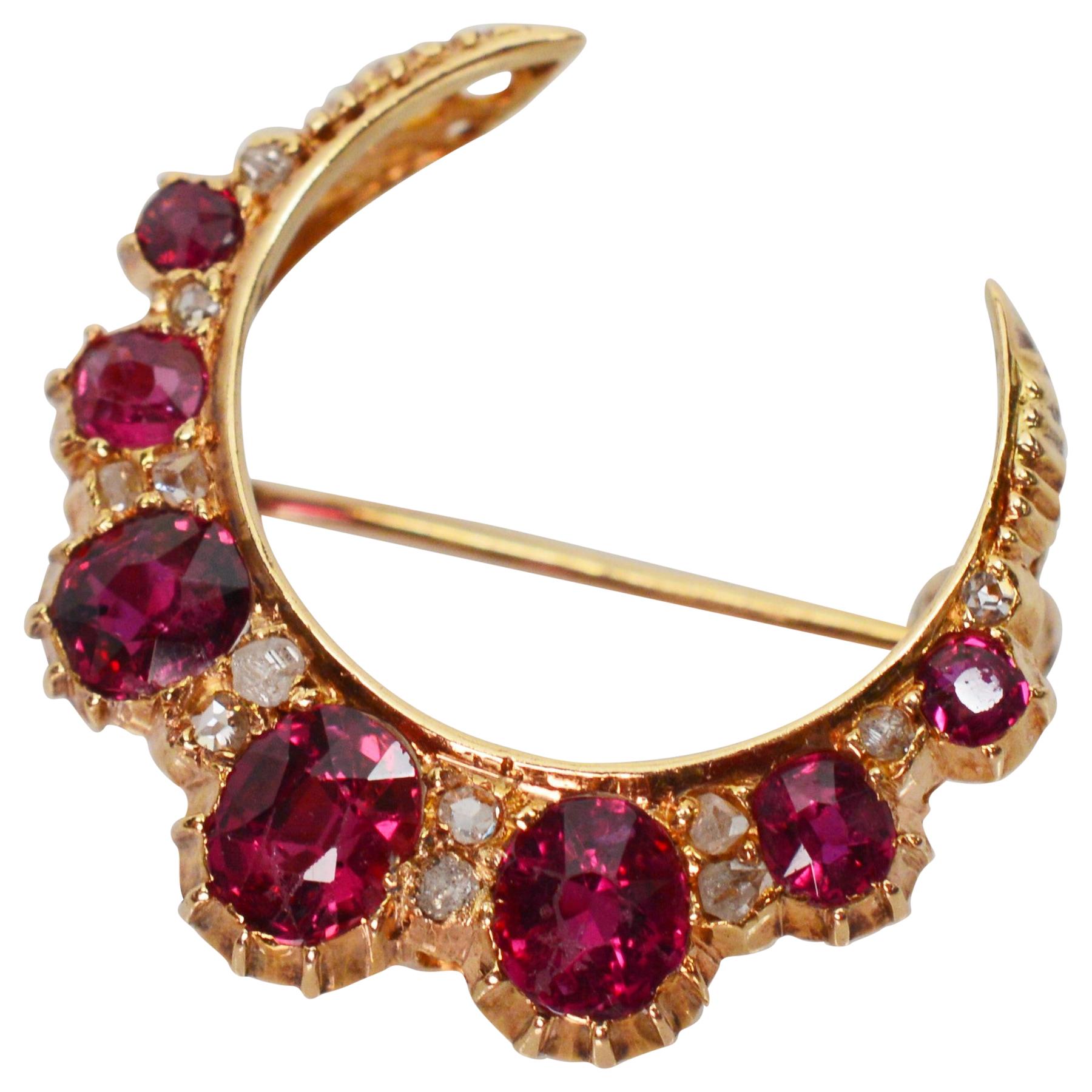 Ruby Diamond Yellow Gold Crescent Pin Brooch