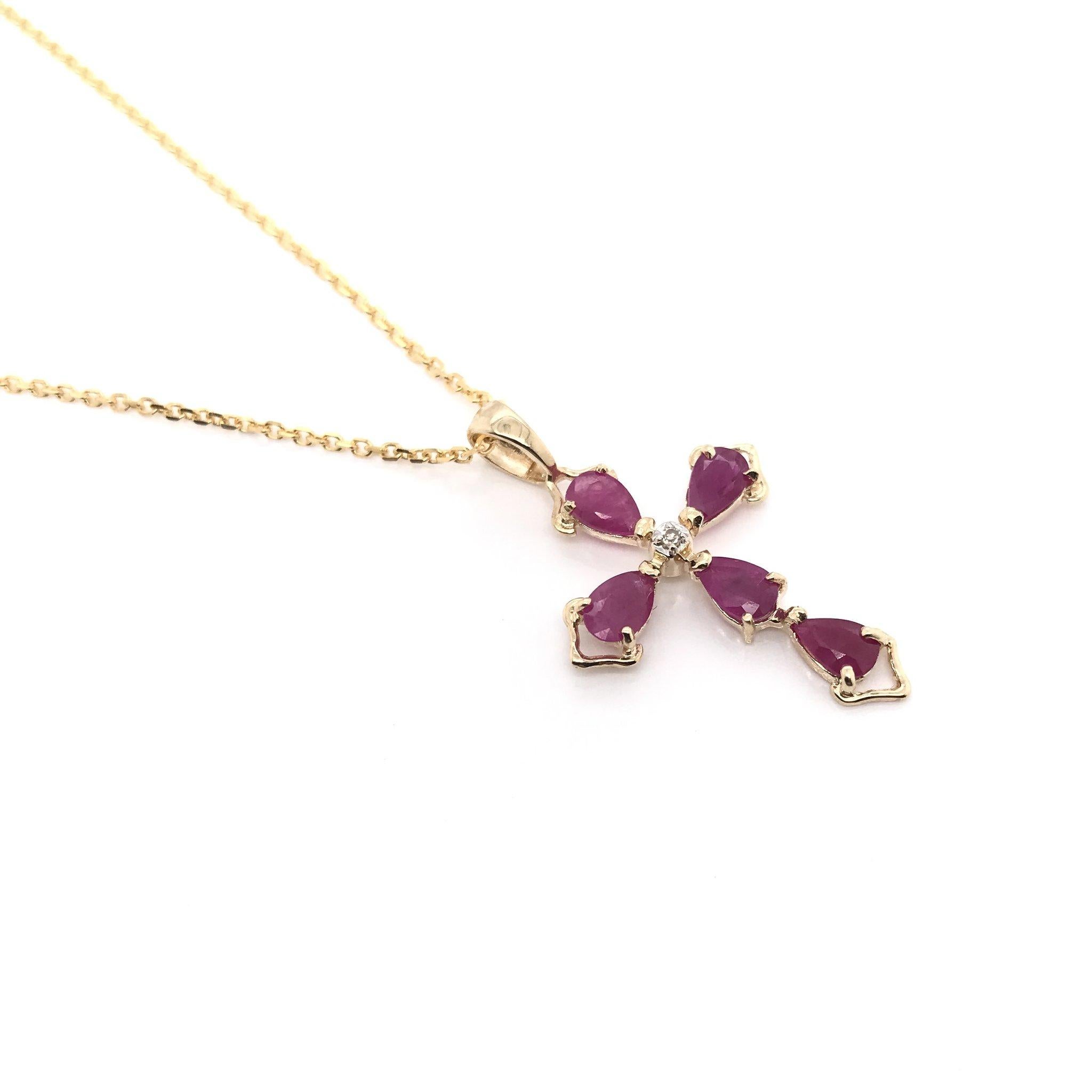 Pear Cut Ruby & Diamond Yellow Gold Cross Necklace