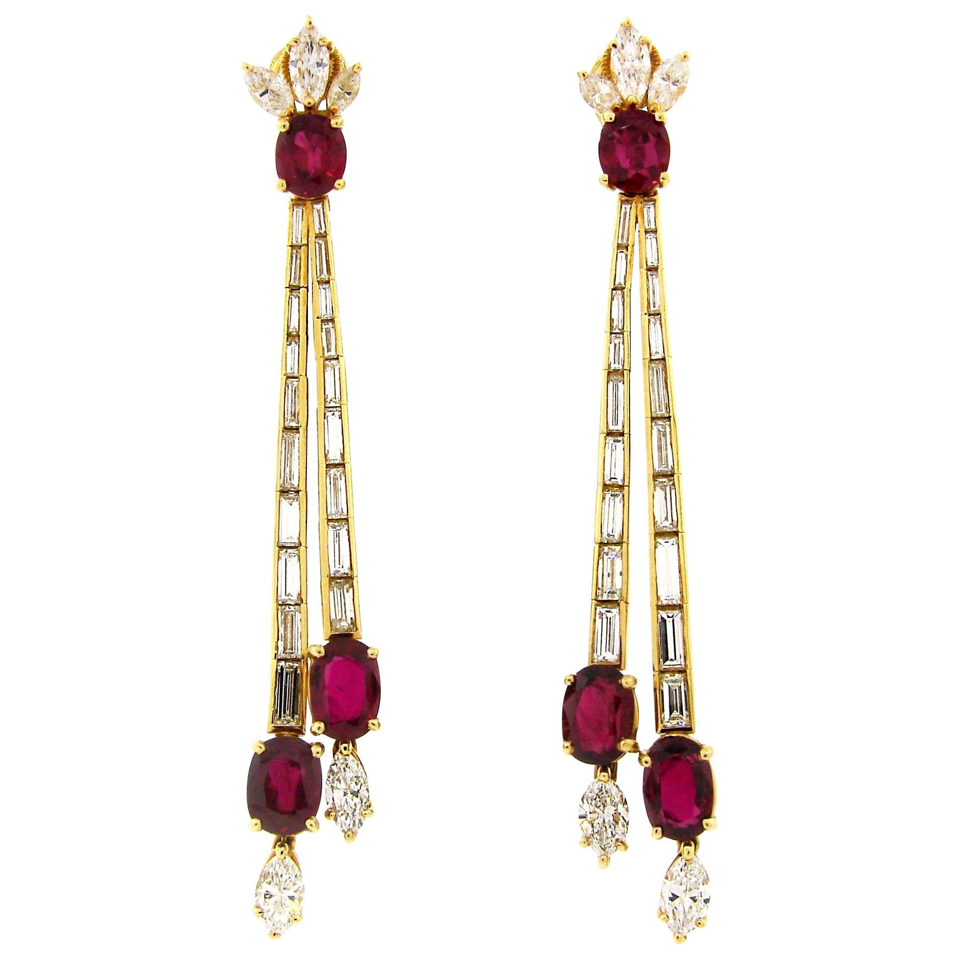 Ruby Diamond Yellow Gold Dangle Earrings For Sale